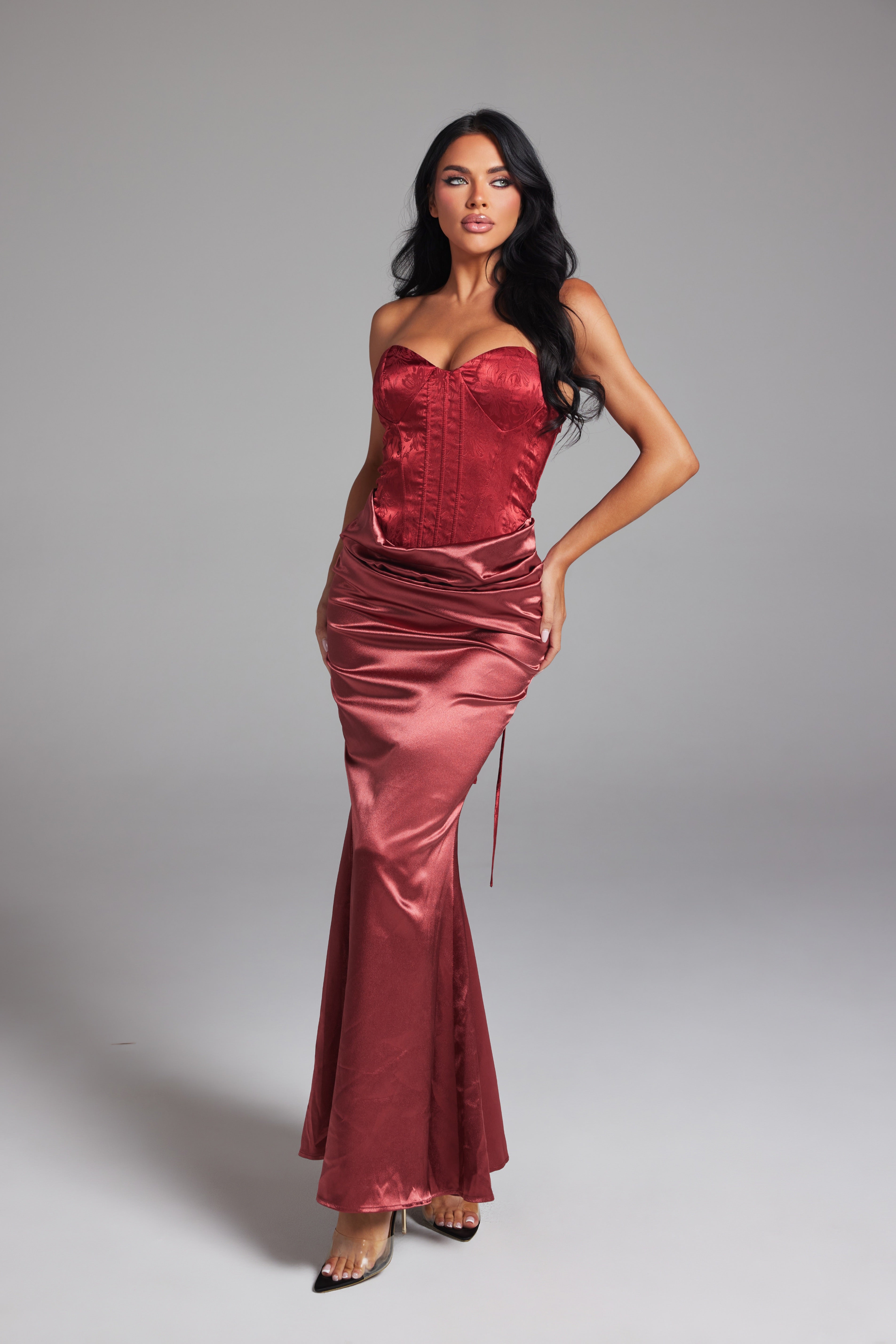 Strapless Corset Brocade Top Satin Maxi Dress