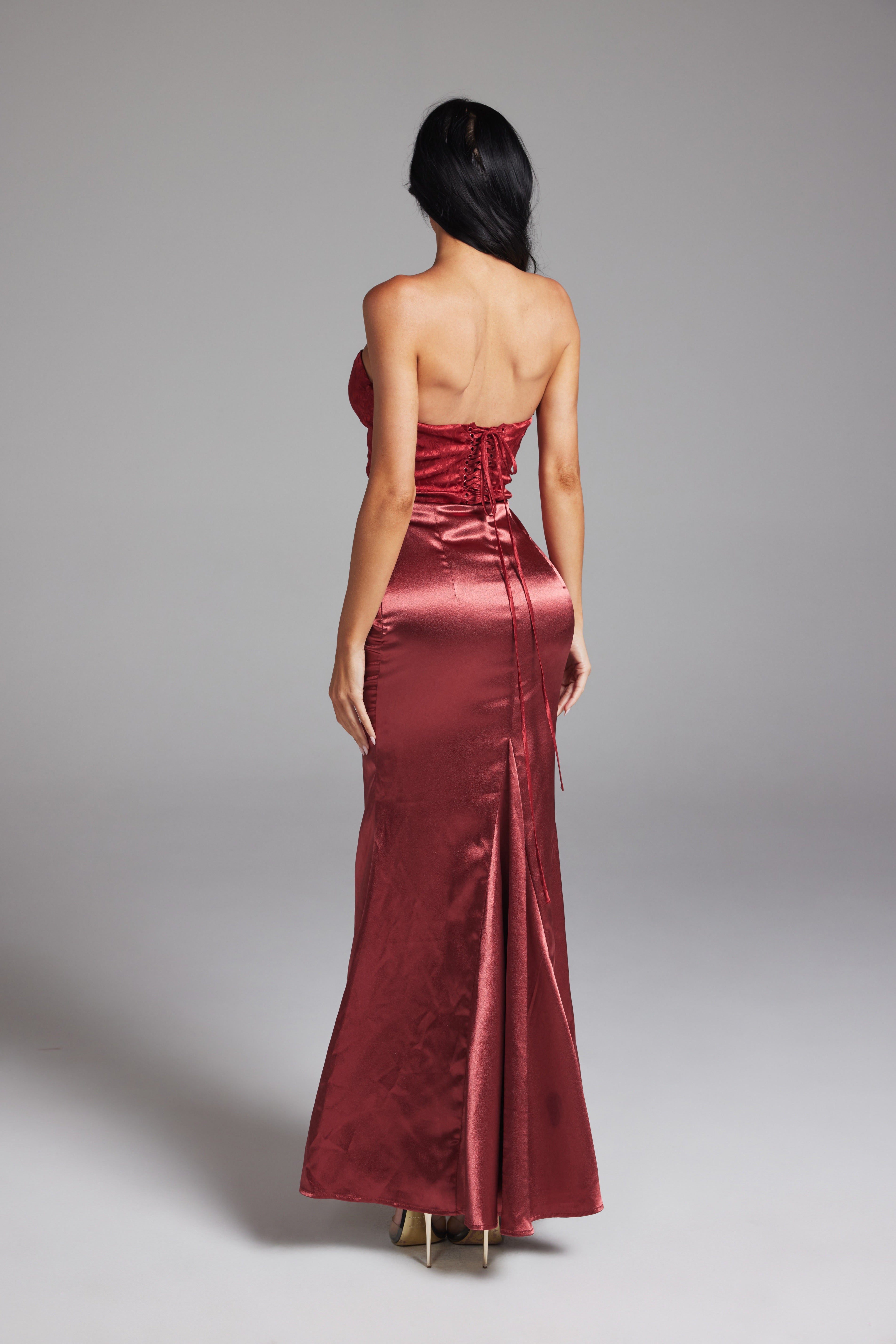 Strapless Corset Brocade Top Satin Maxi Dress