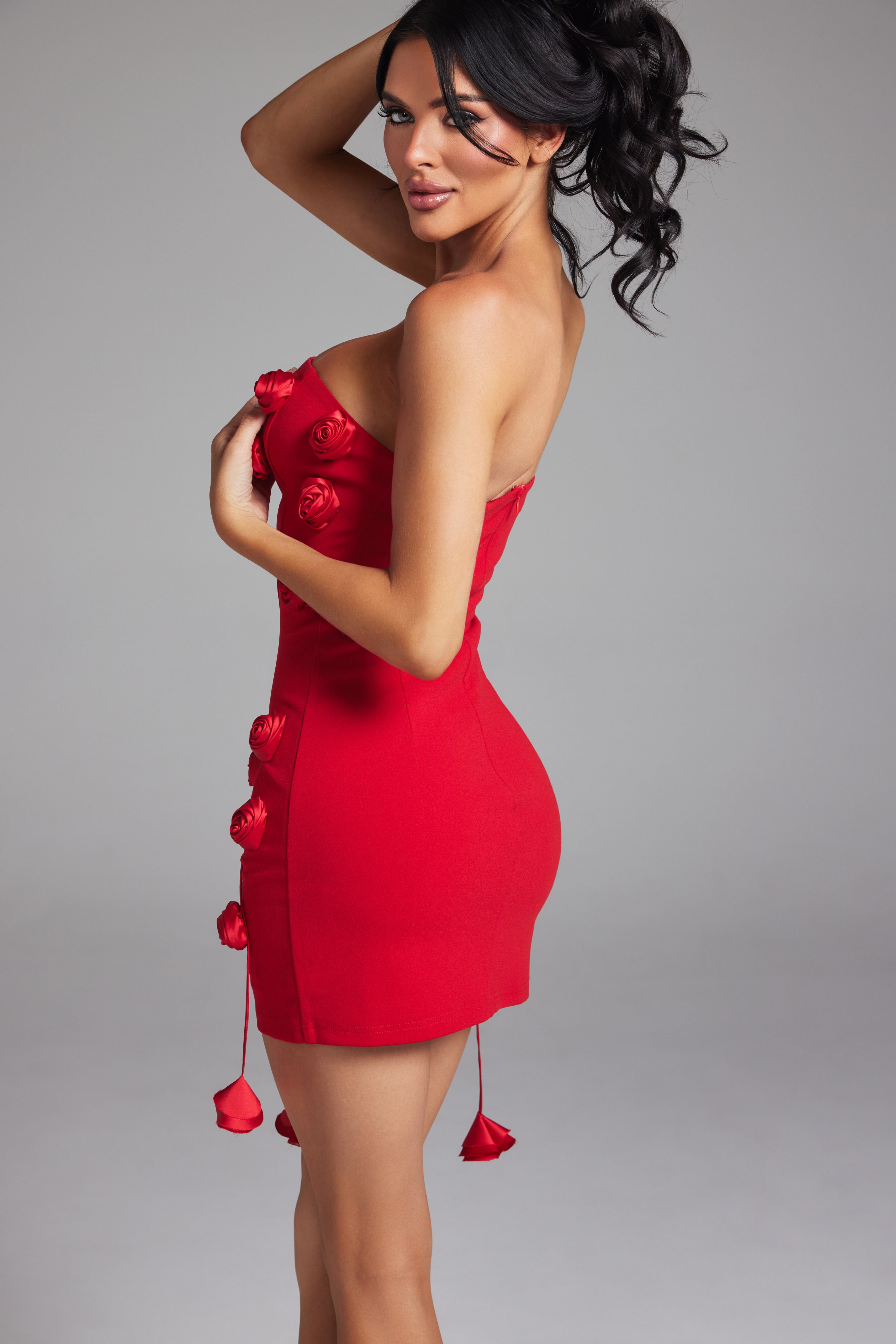 Strapless 3D Floral Rosette Mini Dress with Hanging Tassel