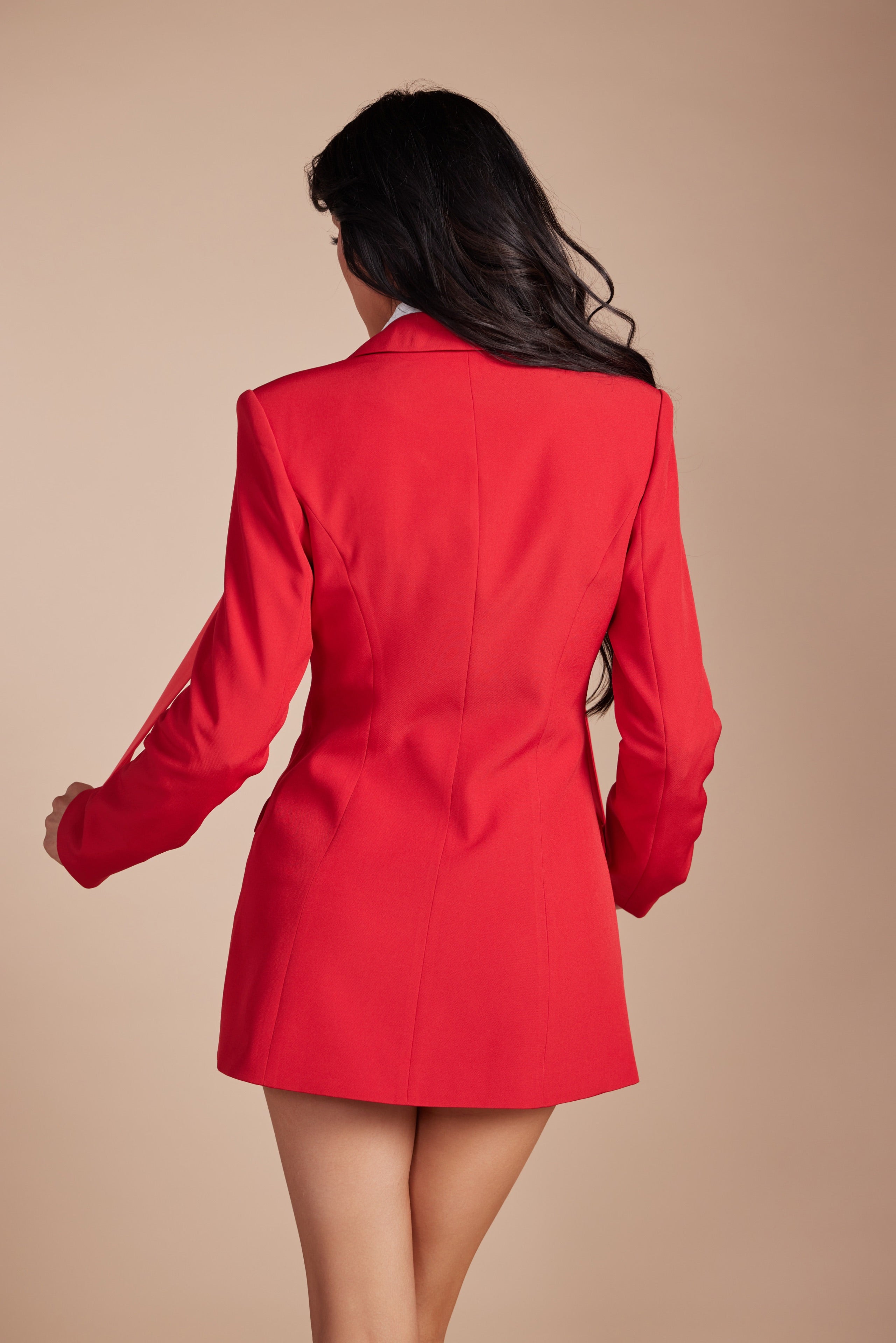 Double-Breasted Blazer Mini Dress with Collared Shirt & Tie