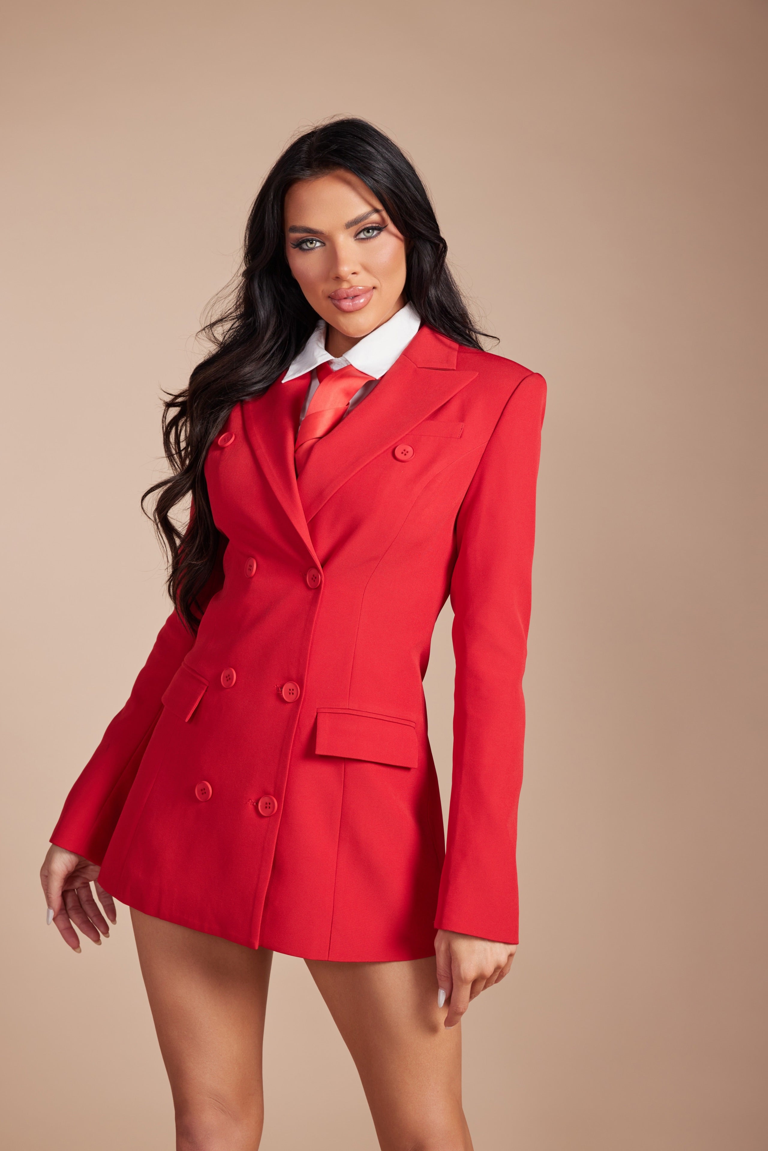 Double-Breasted Blazer Mini Dress with Collared Shirt & Tie