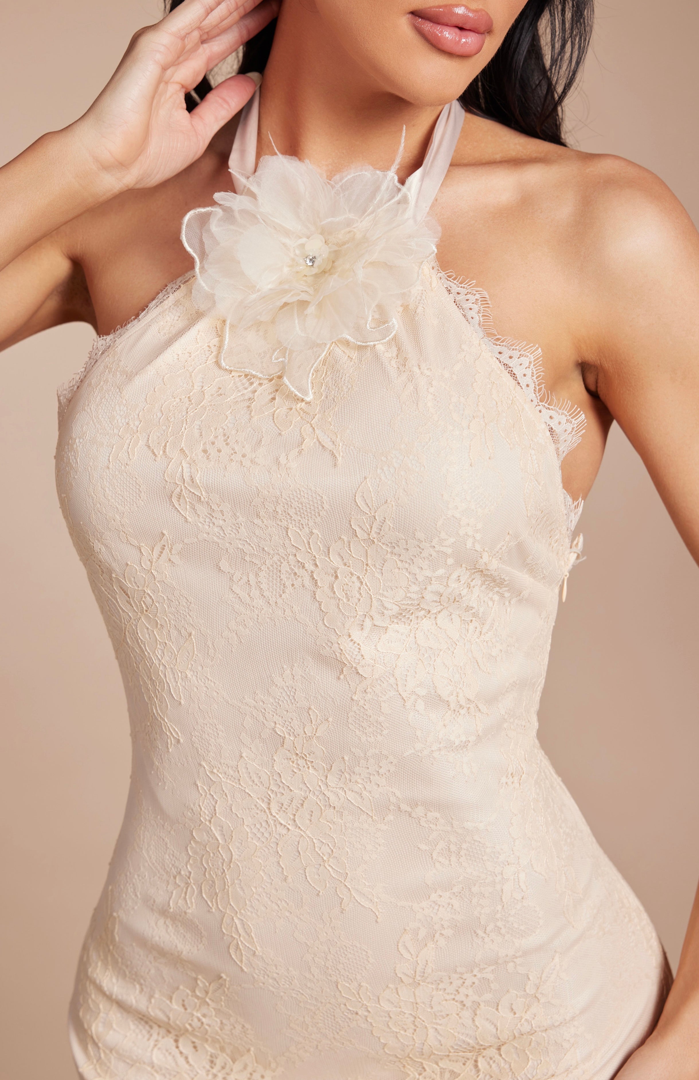 Halter Lace Mini Dress with 3D Rosette Detail and Asymmetric