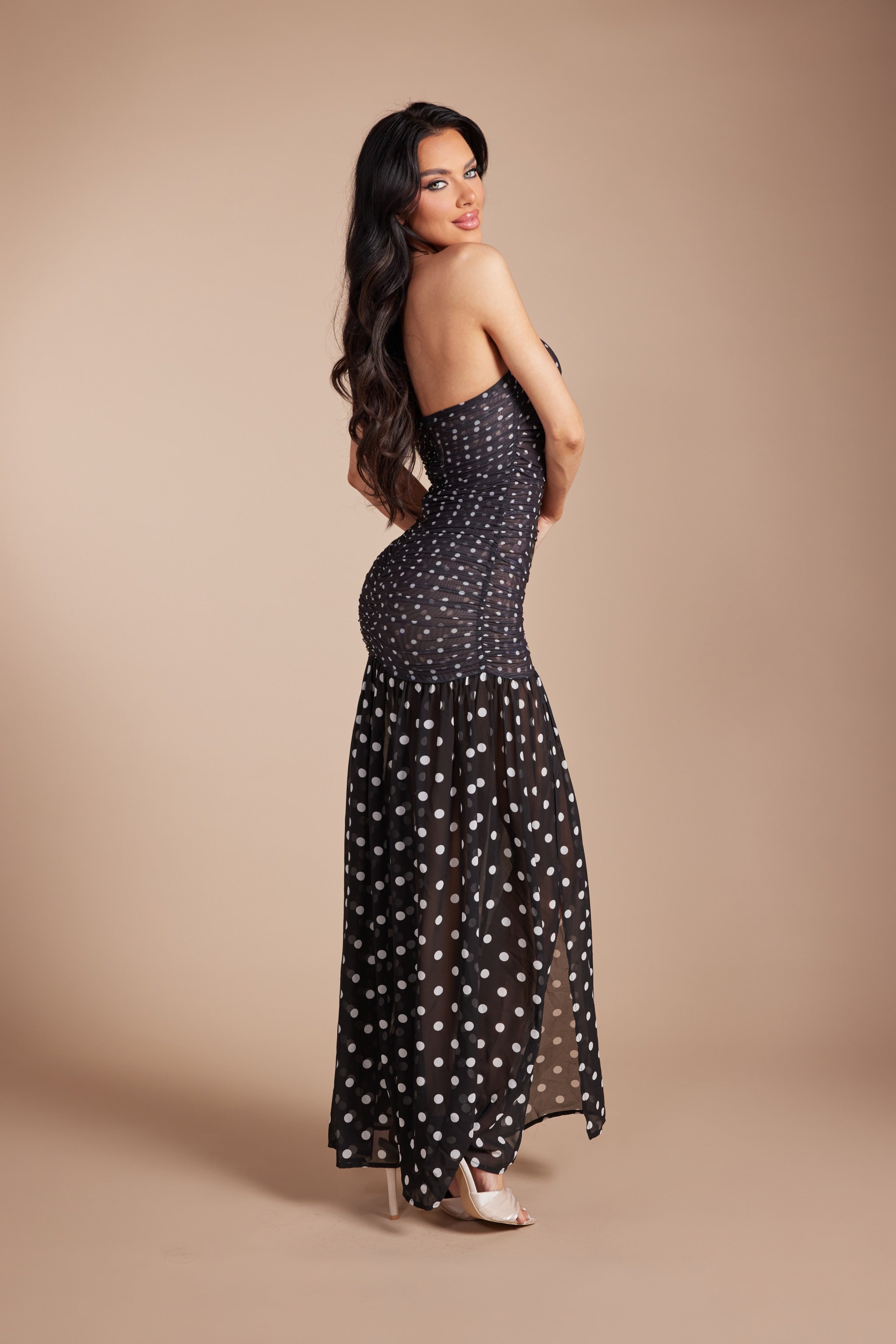 Strapless Polka Dot Ruched Bodycon Maxi Dress with High Slit