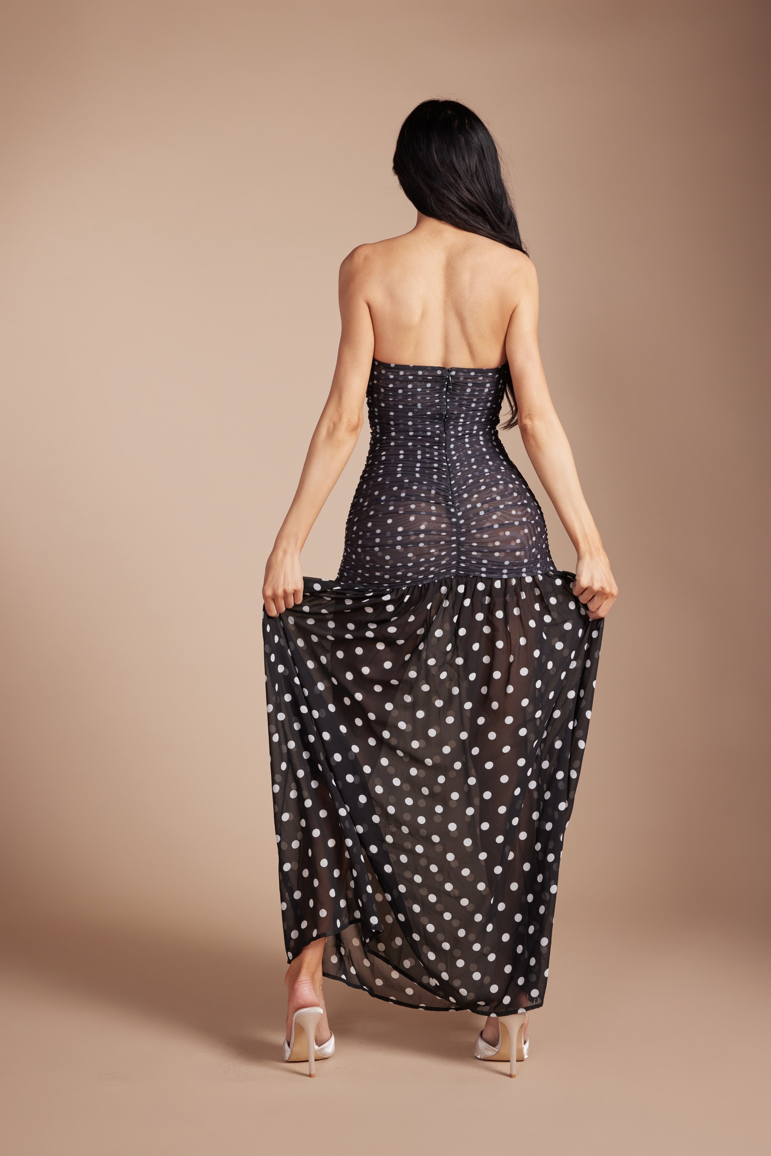 Strapless Polka Dot Ruched Bodycon Maxi Dress with High Slit