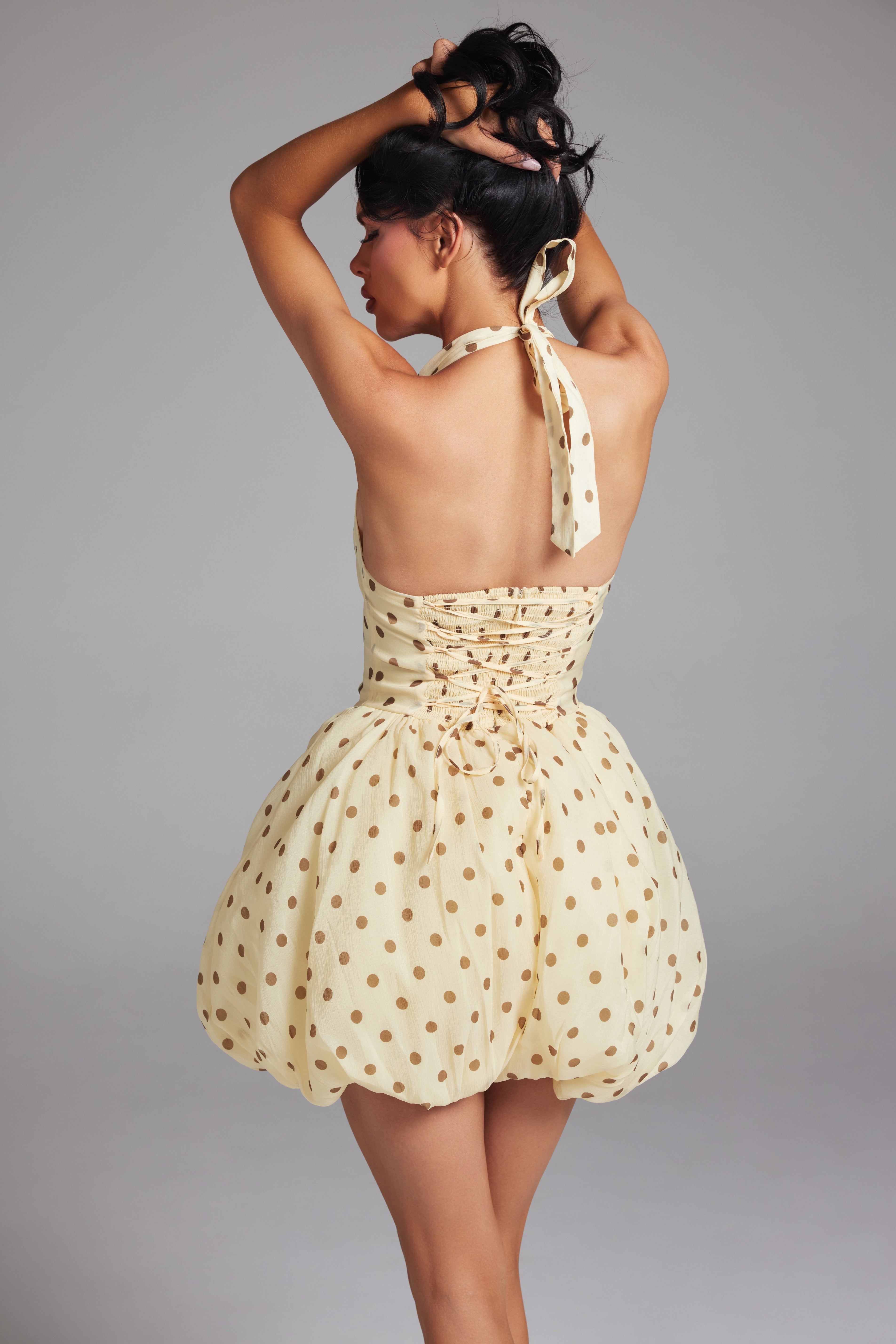Polka Dot HalterNeck Bubble Dress Lace-Up Corset Bodice Mini