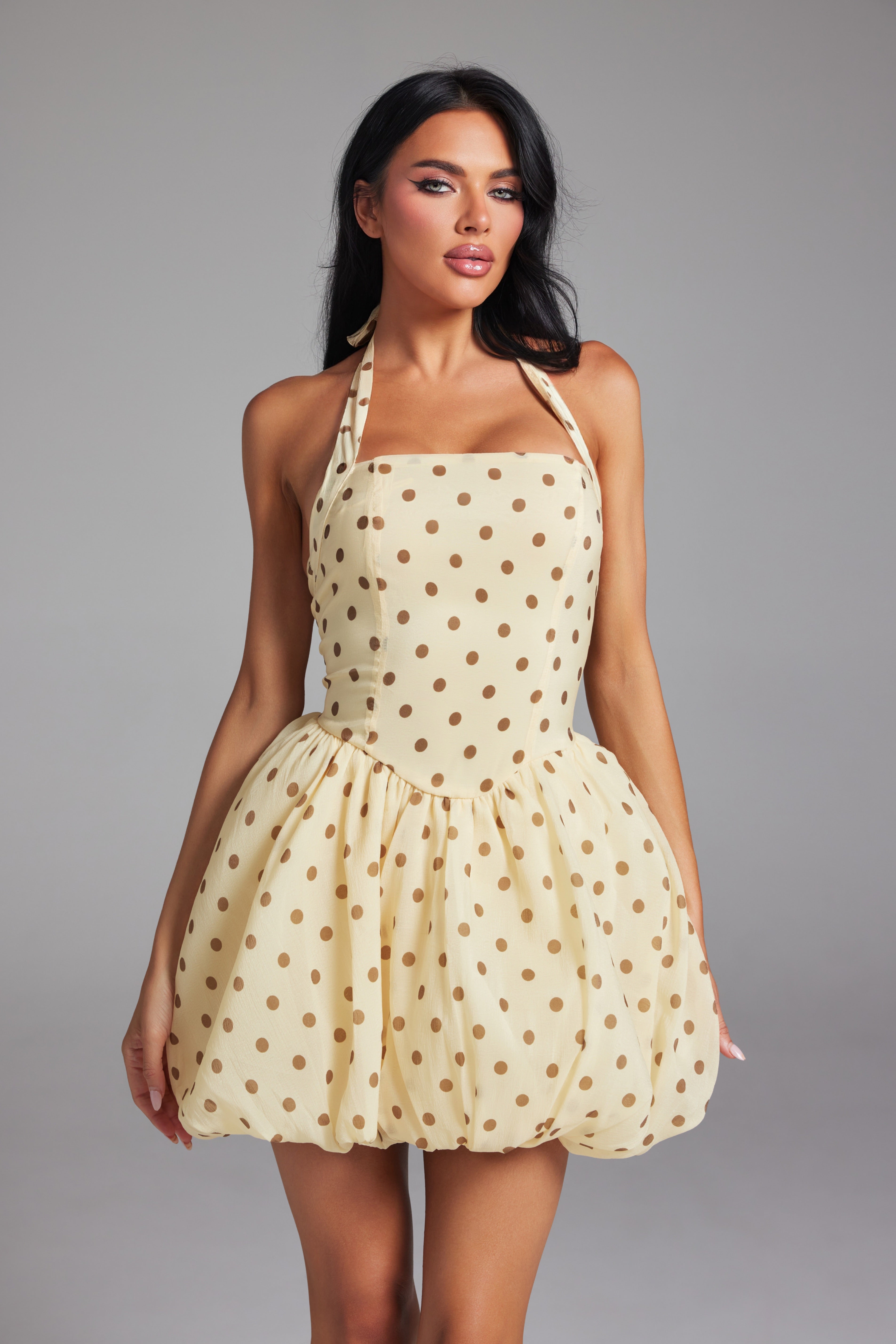 Polka Dot HalterNeck Bubble Dress Lace-Up Corset Bodice Mini