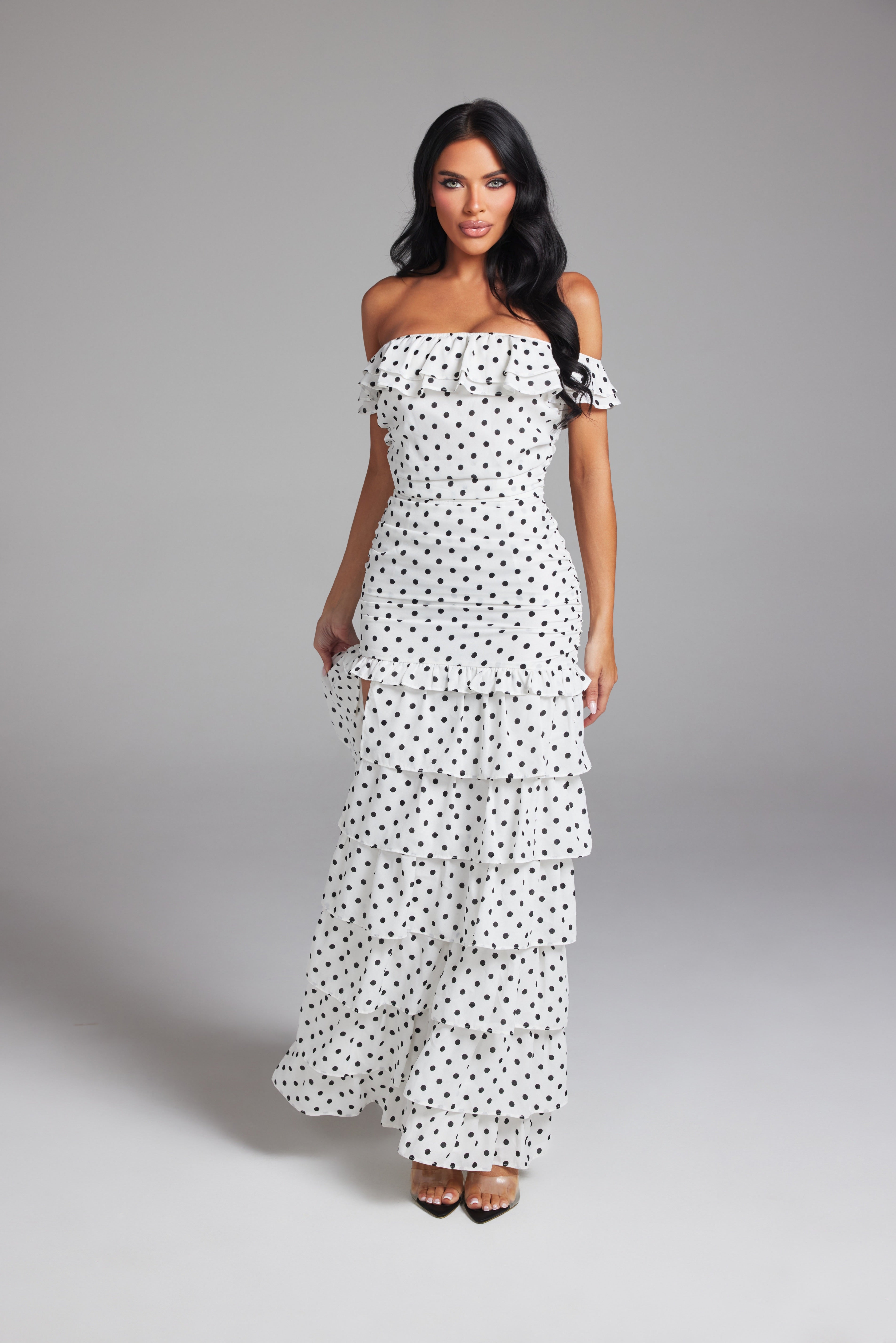 Off-the-Shoulder Ruched Tiered Ruffle Maxi Dress with High S
