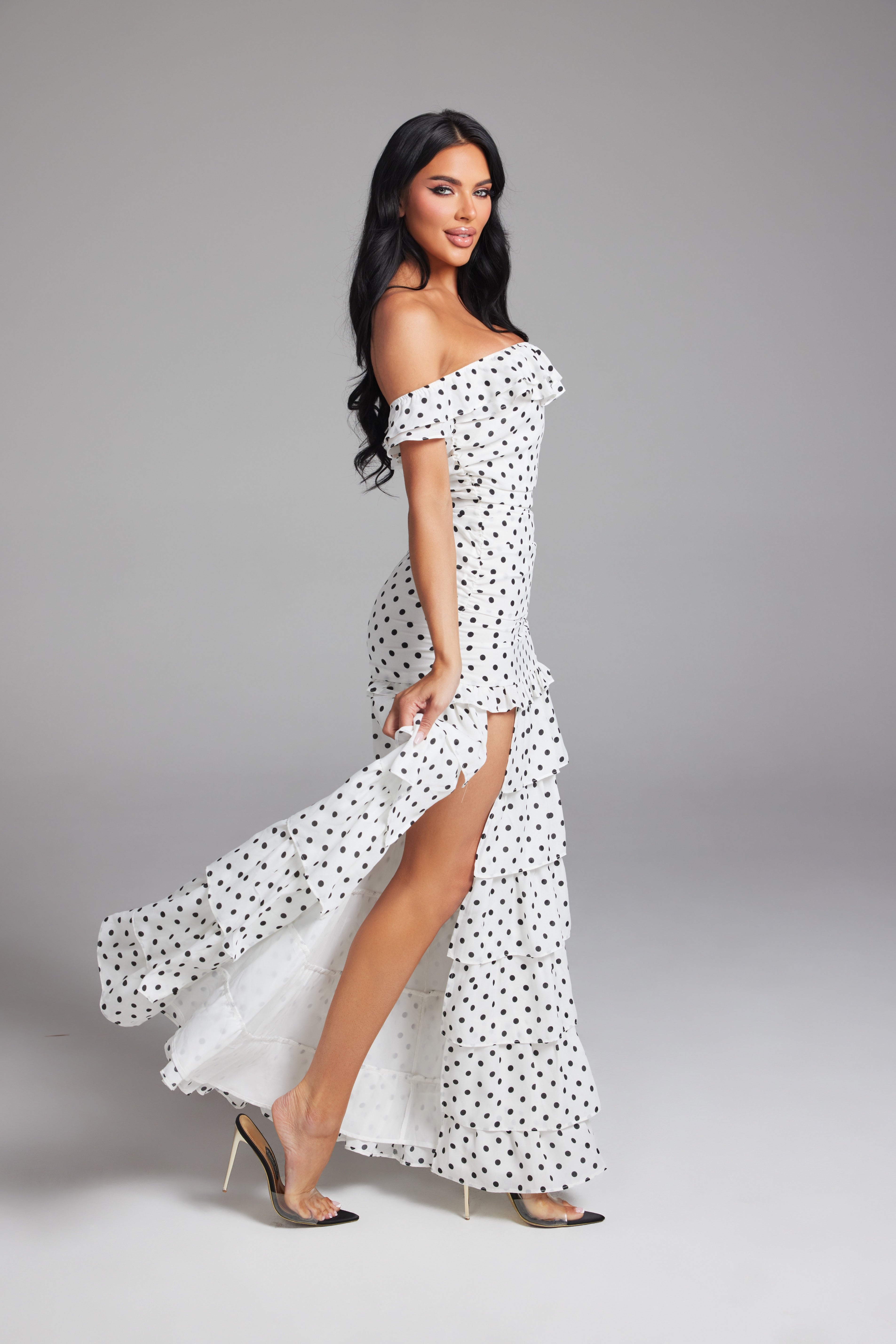 Off-the-Shoulder Ruched Tiered Ruffle Maxi Dress with High S
