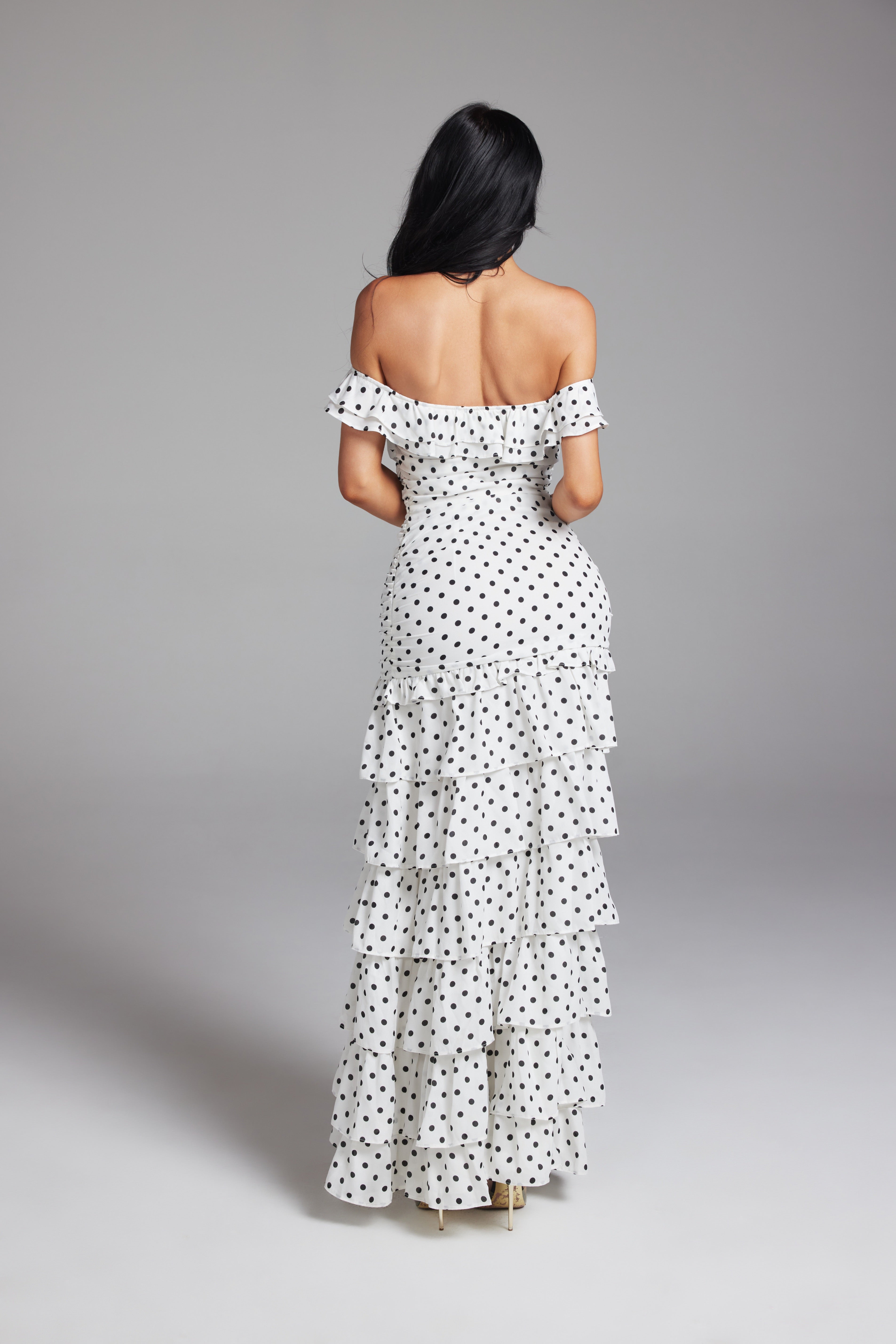 Off-the-Shoulder Ruched Tiered Ruffle Maxi Dress with High S