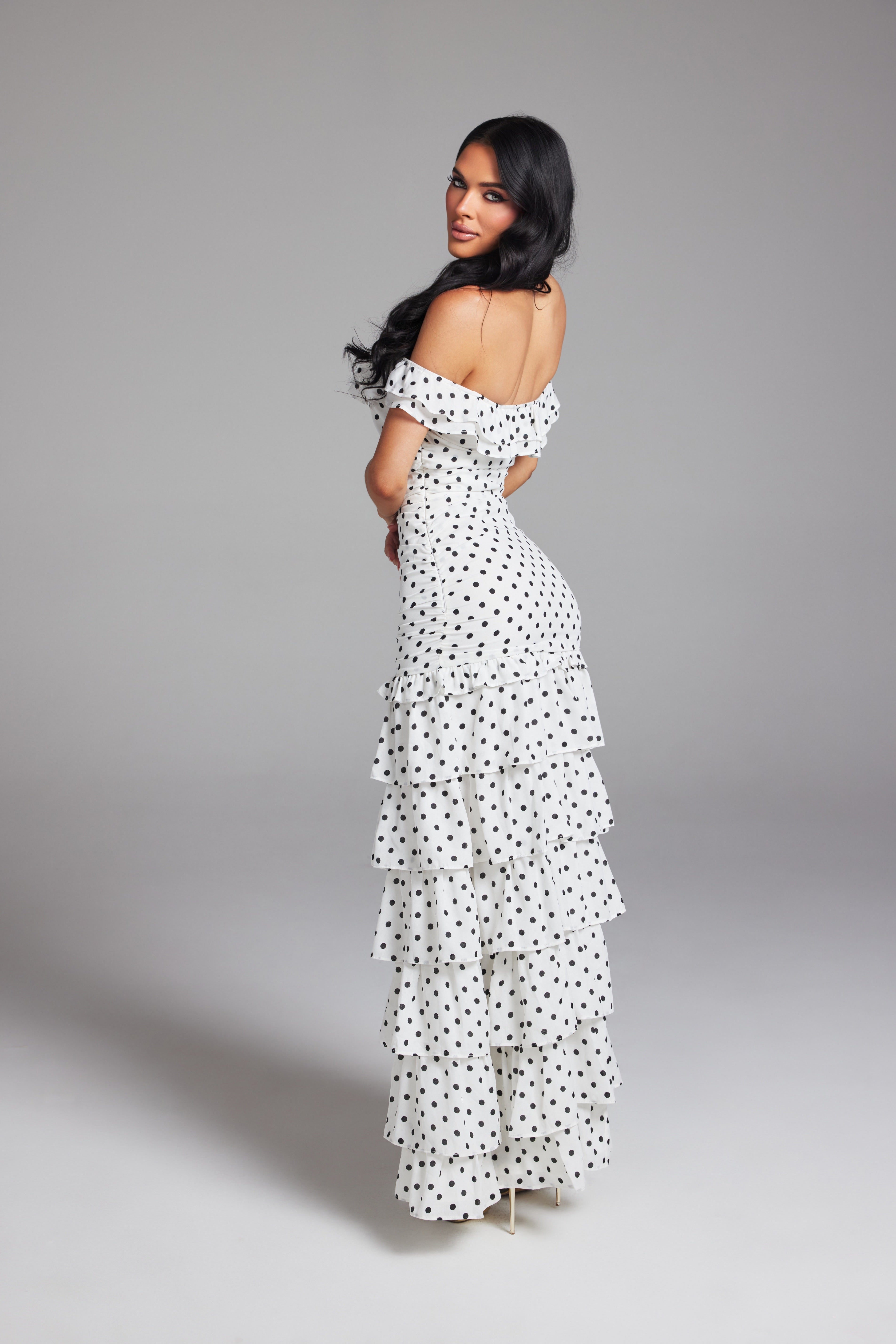 Off-the-Shoulder Ruched Tiered Ruffle Maxi Dress with High S