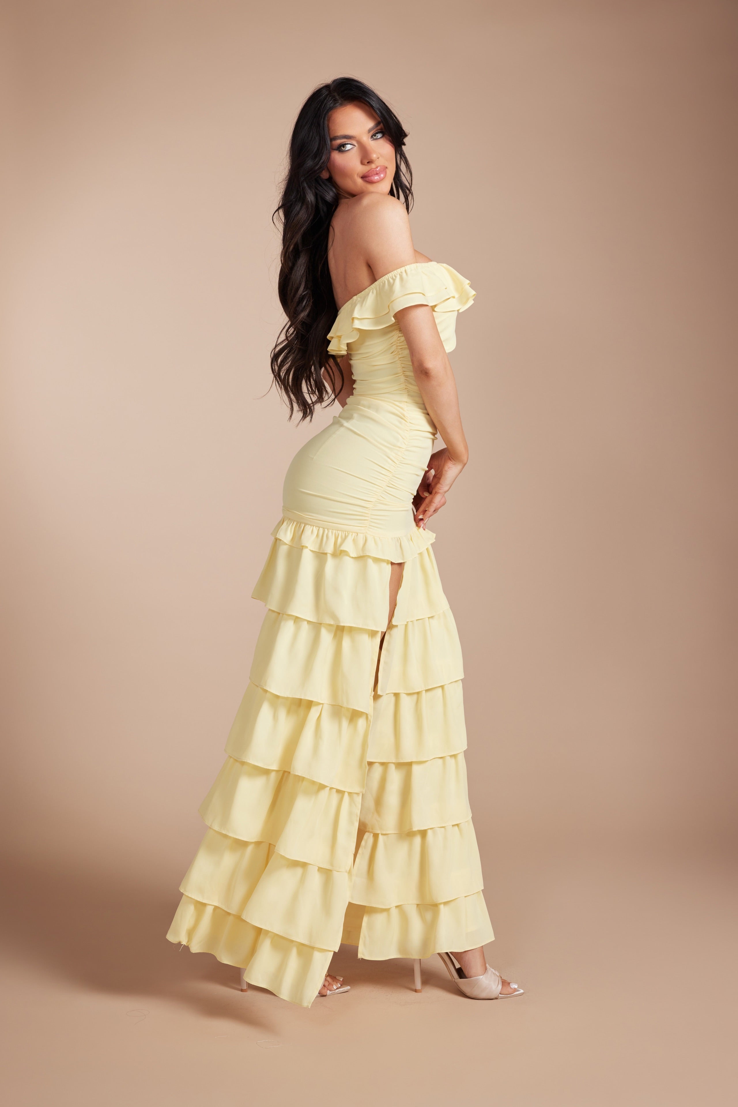 Off-the-Shoulder Ruched Tiered Ruffle Maxi Dress with High S