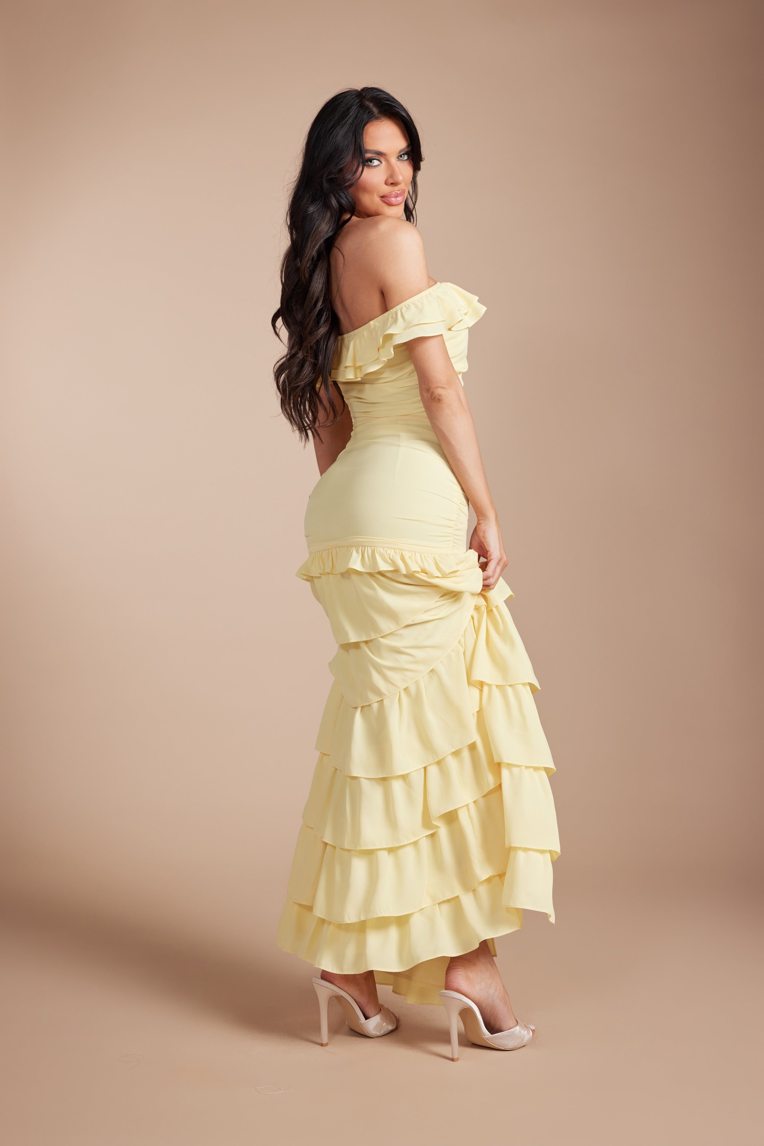 Off-the-Shoulder Ruched Tiered Ruffle Maxi Dress with High S