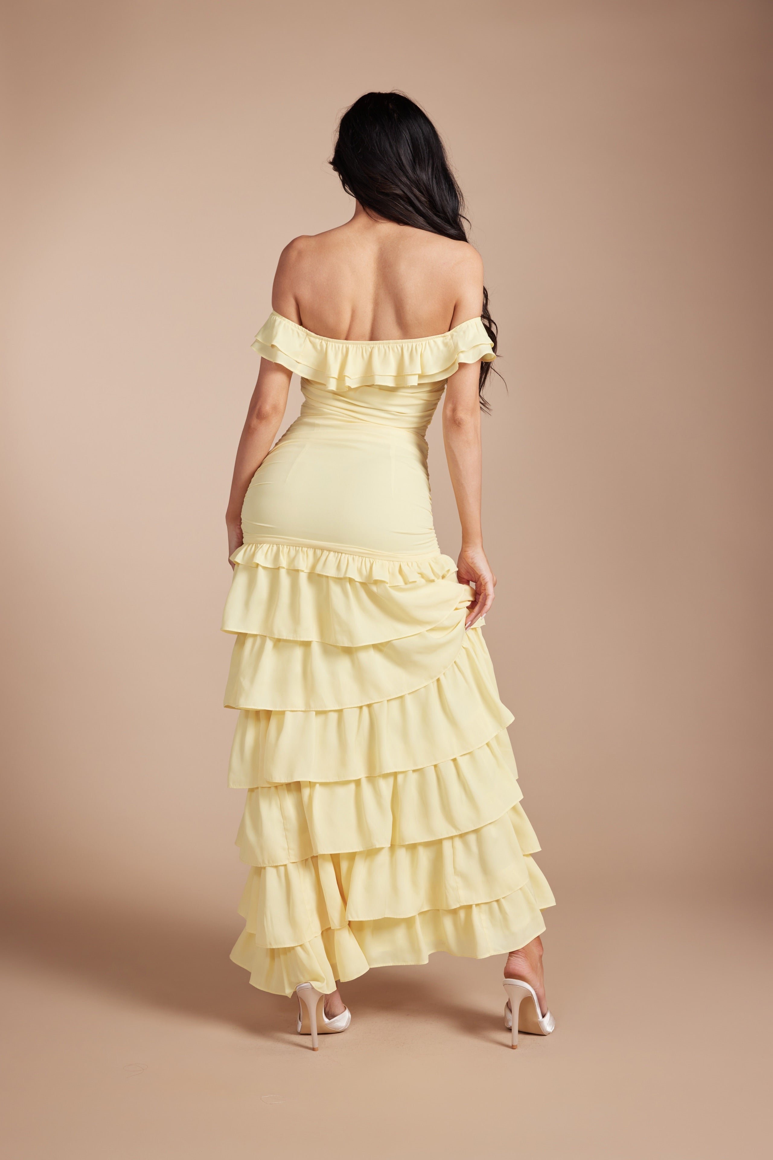 Off-the-Shoulder Ruched Tiered Ruffle Maxi Dress with High S