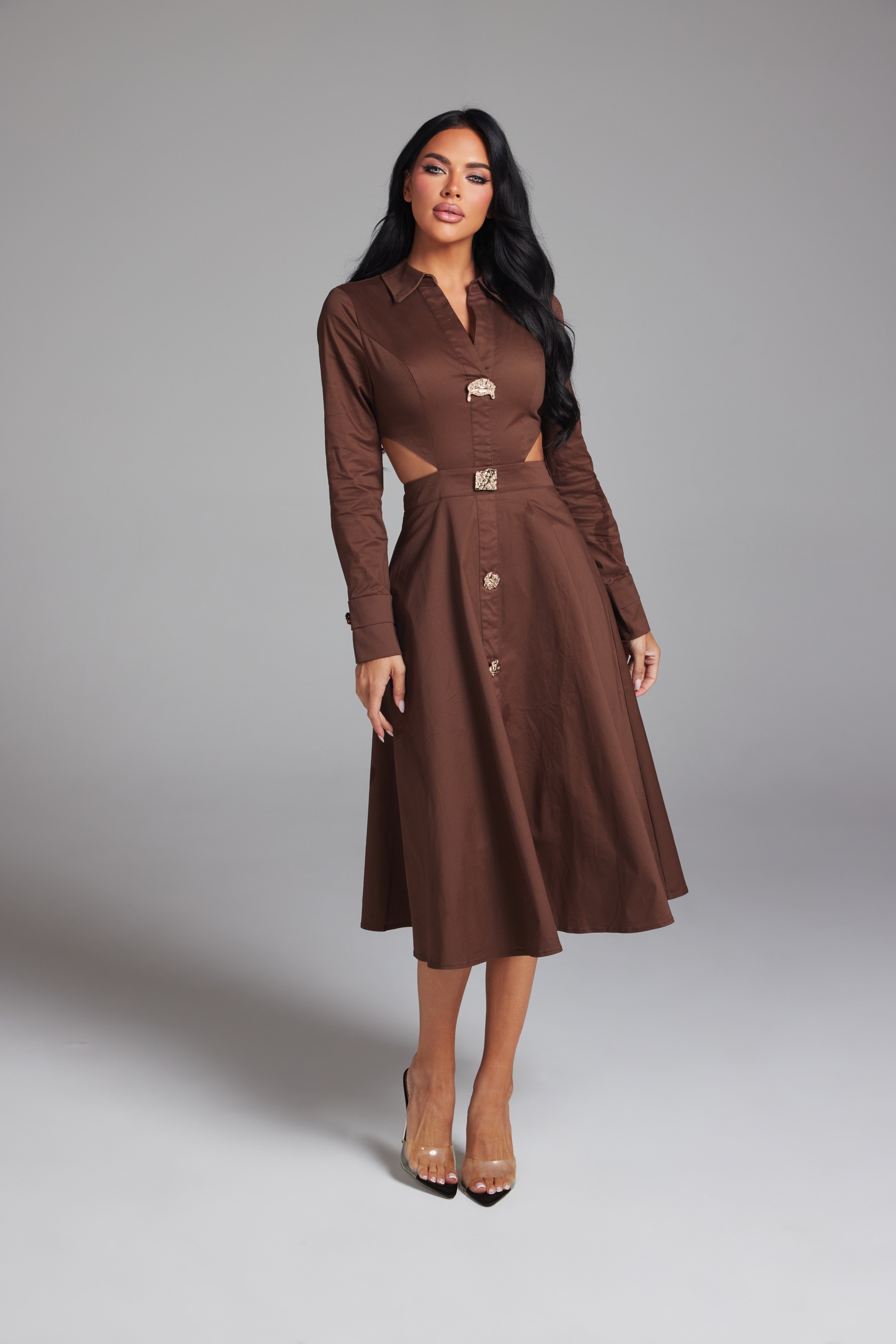 Long Sleeve Side Cut-Out Button-Down Midi Shirt Dress
