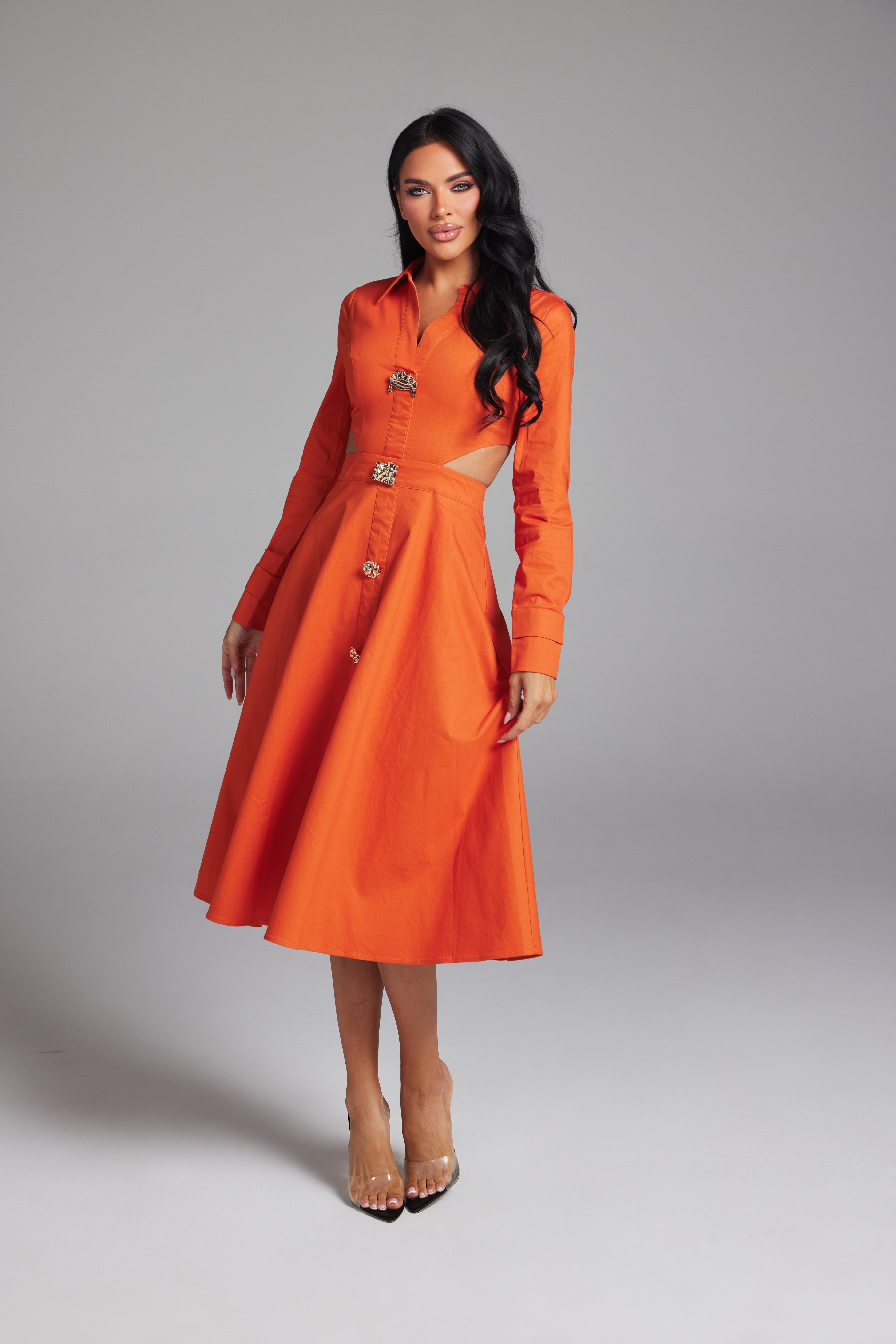 Long Sleeve Side Cut-Out Button-Down Midi Shirt Dress