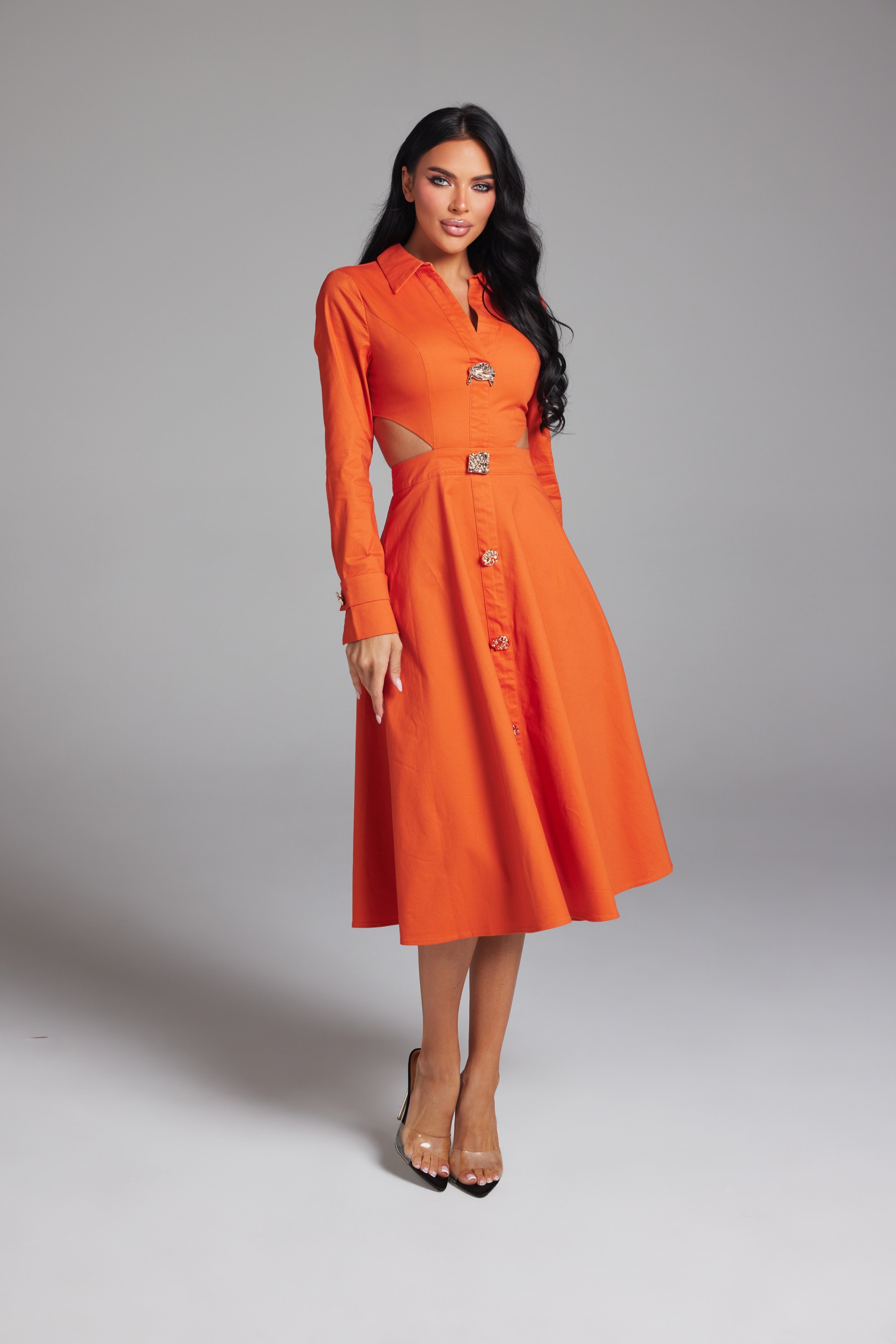 Long Sleeve Side Cut-Out Button-Down Midi Shirt Dress