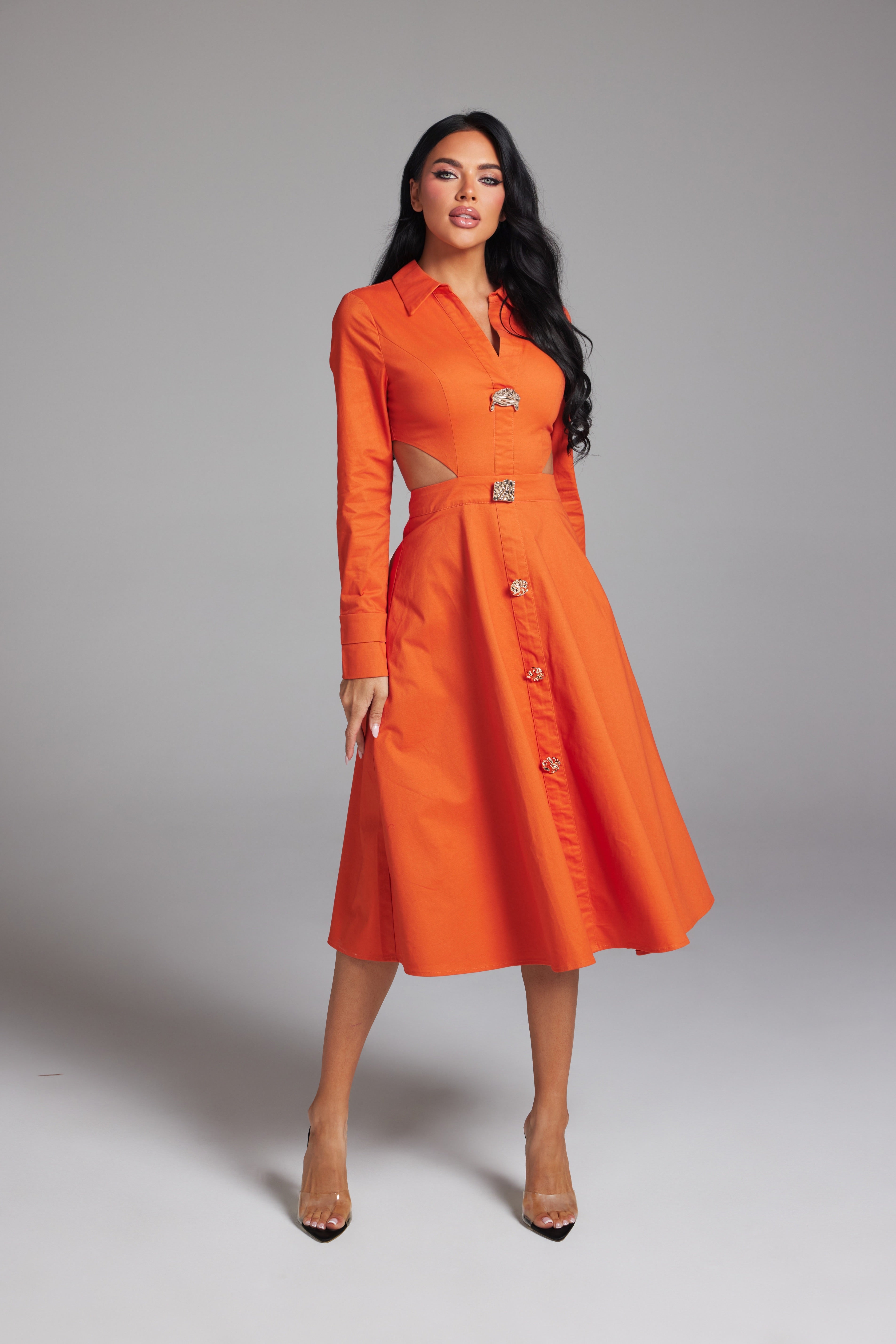 Long Sleeve Side Cut-Out Button-Down Midi Shirt Dress