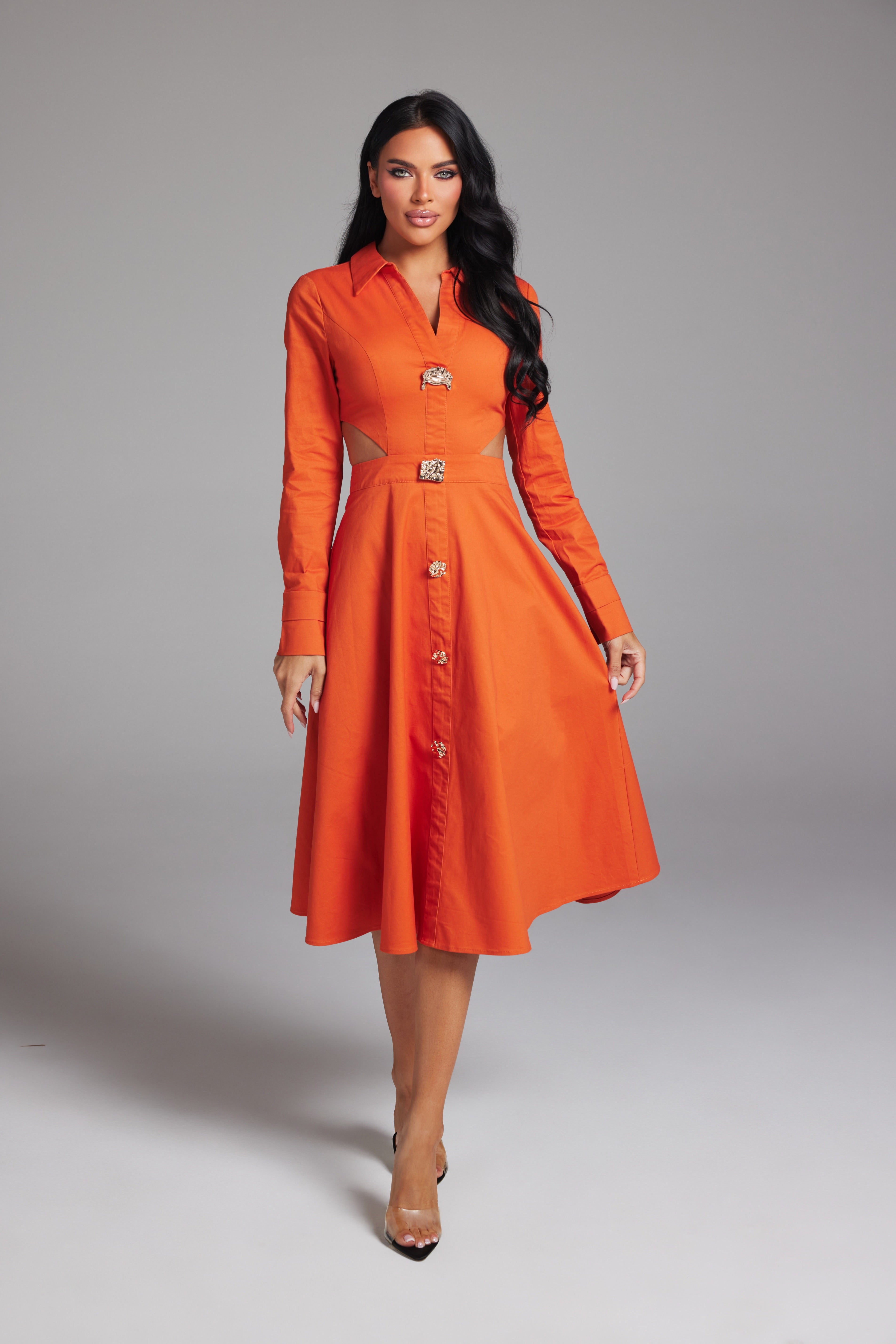 Long Sleeve Side Cut-Out Button-Down Midi Shirt Dress