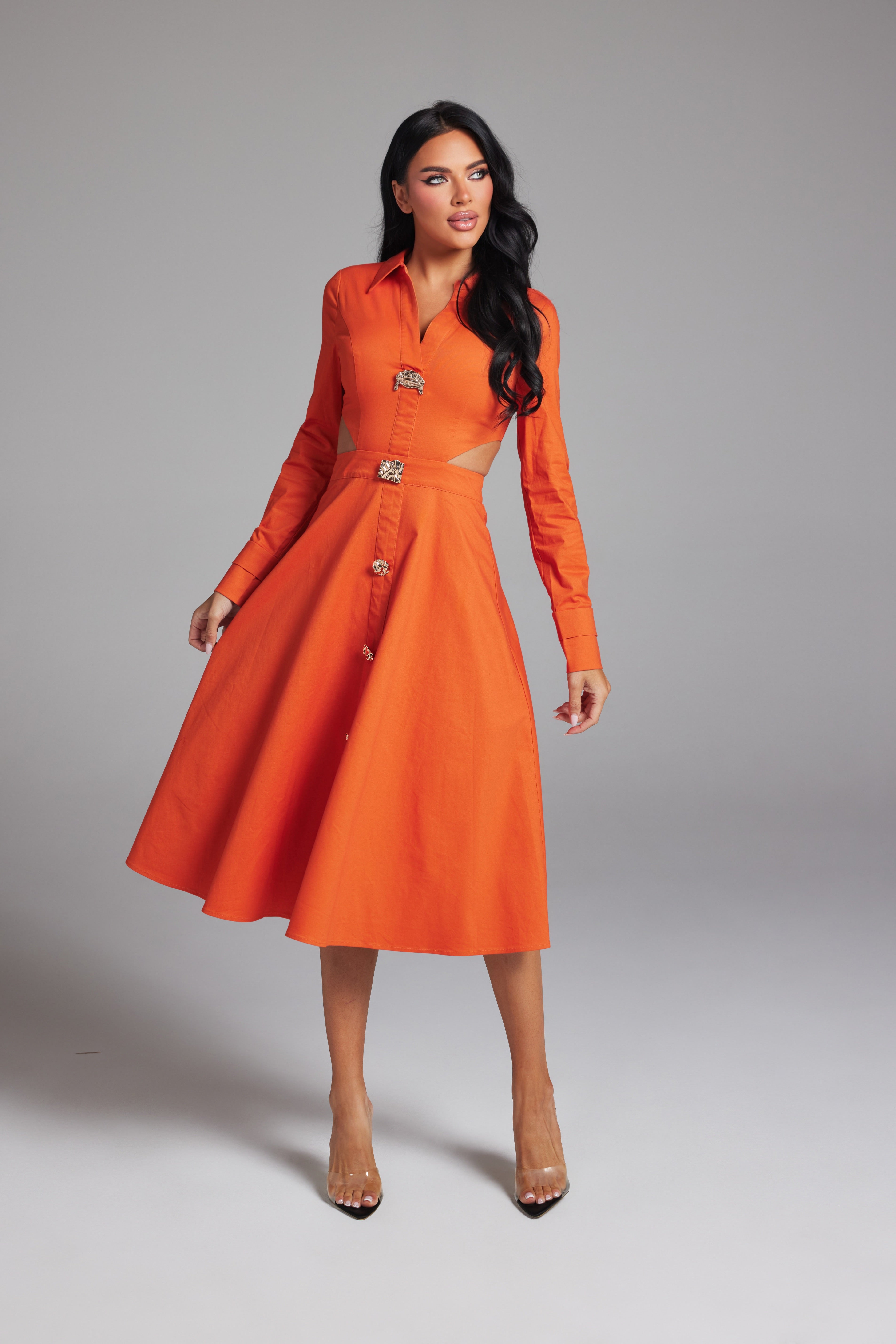 Long Sleeve Side Cut-Out Button-Down Midi Shirt Dress