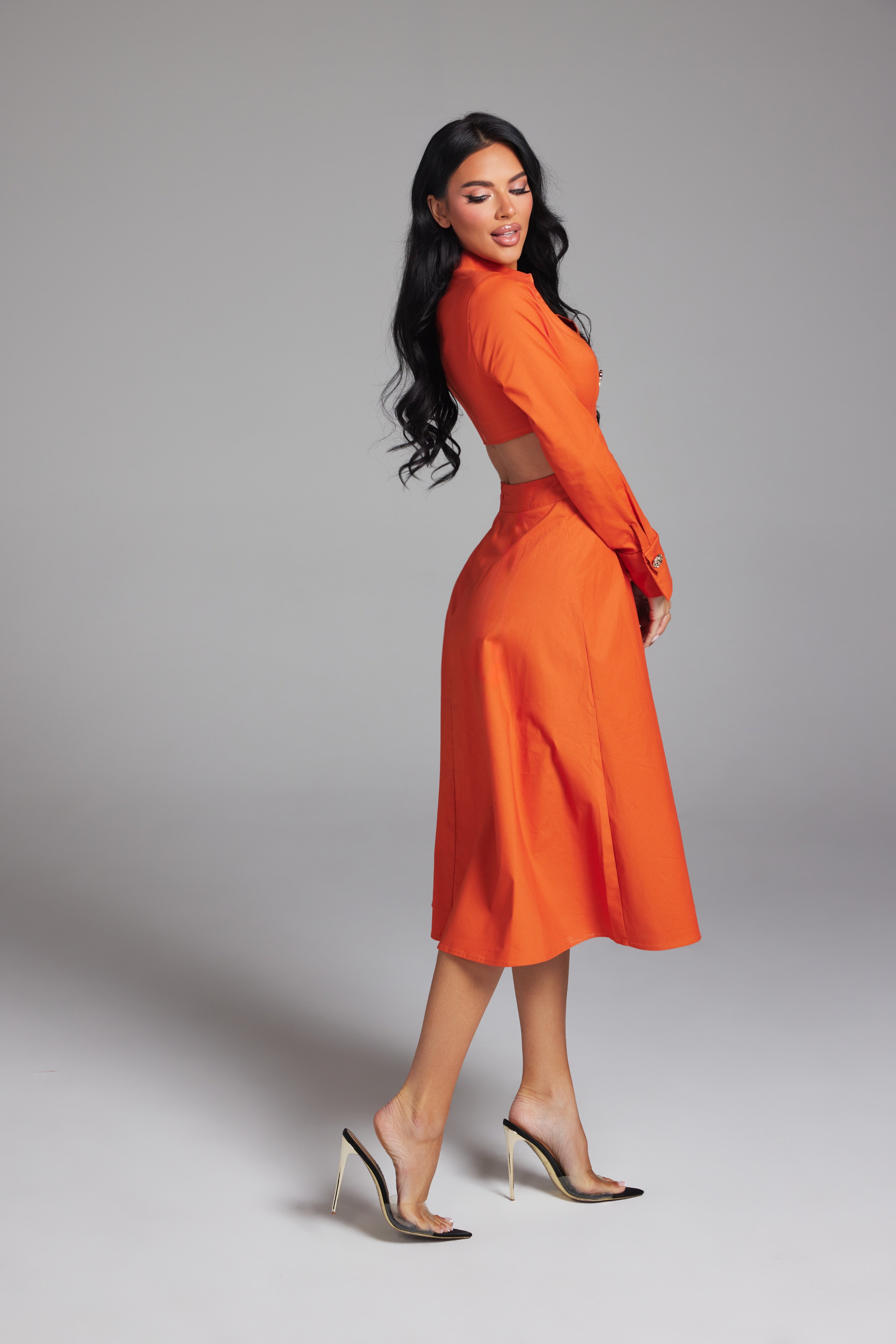 Long Sleeve Side Cut-Out Button-Down Midi Shirt Dress