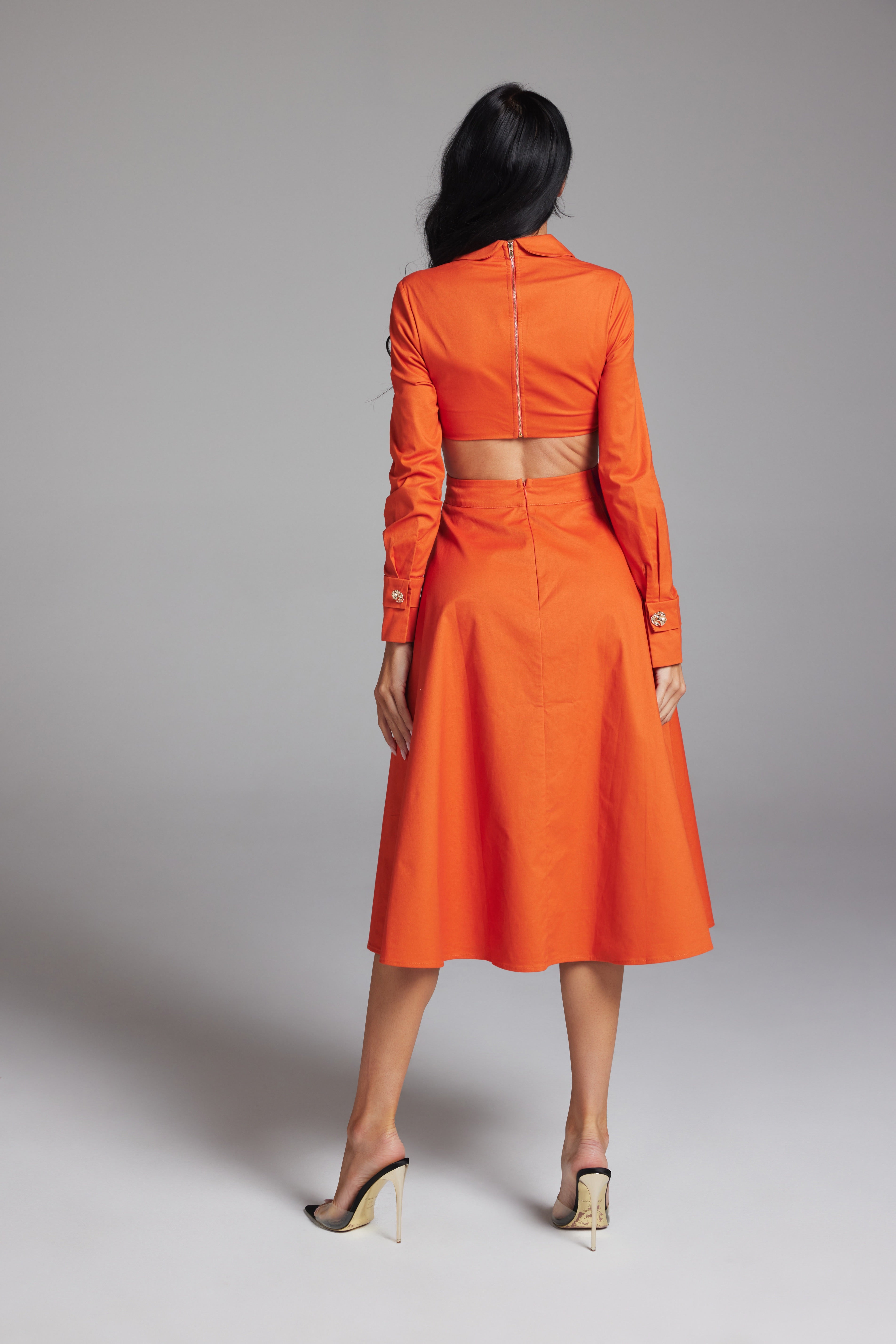 Long Sleeve Side Cut-Out Button-Down Midi Shirt Dress