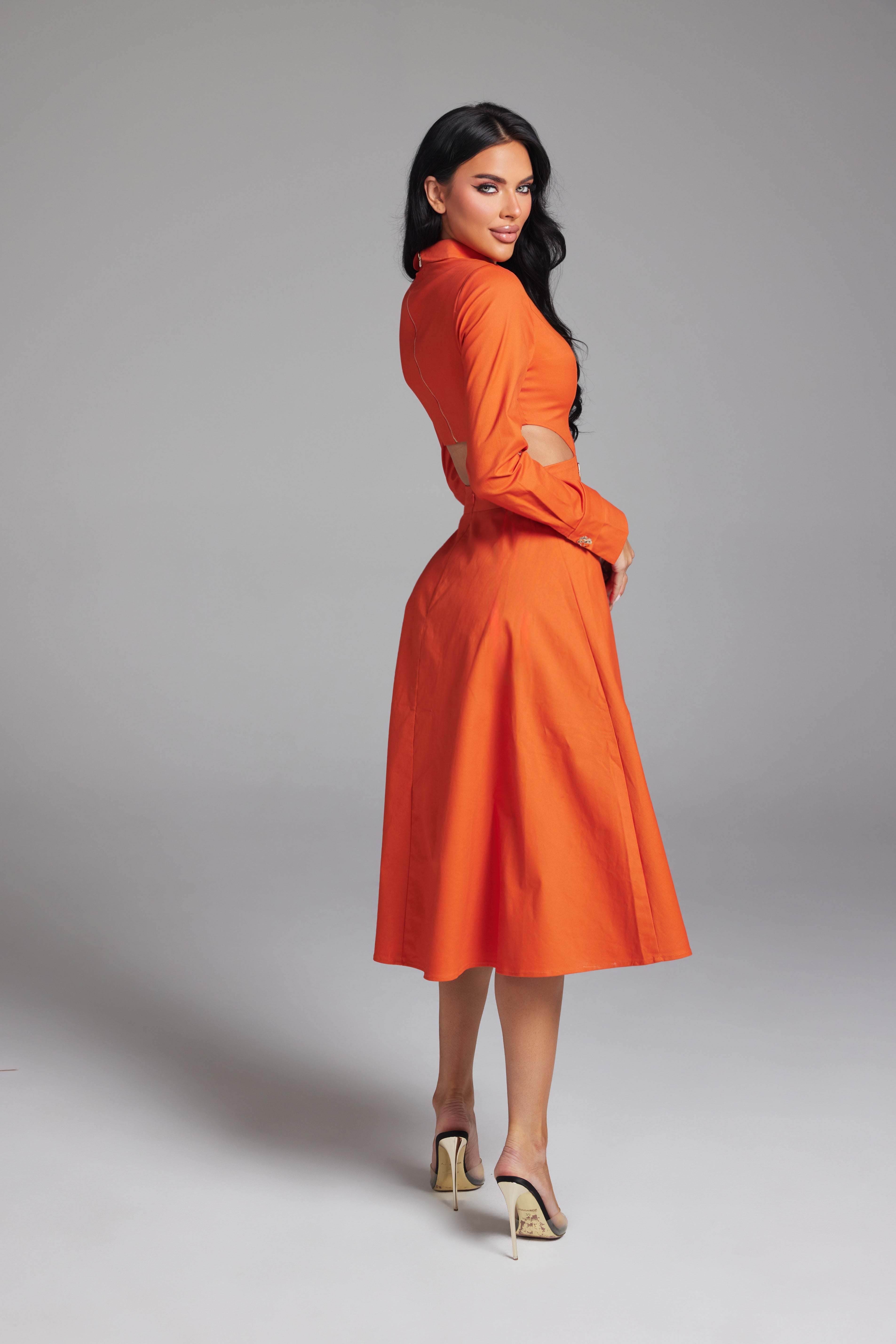 Long Sleeve Side Cut-Out Button-Down Midi Shirt Dress