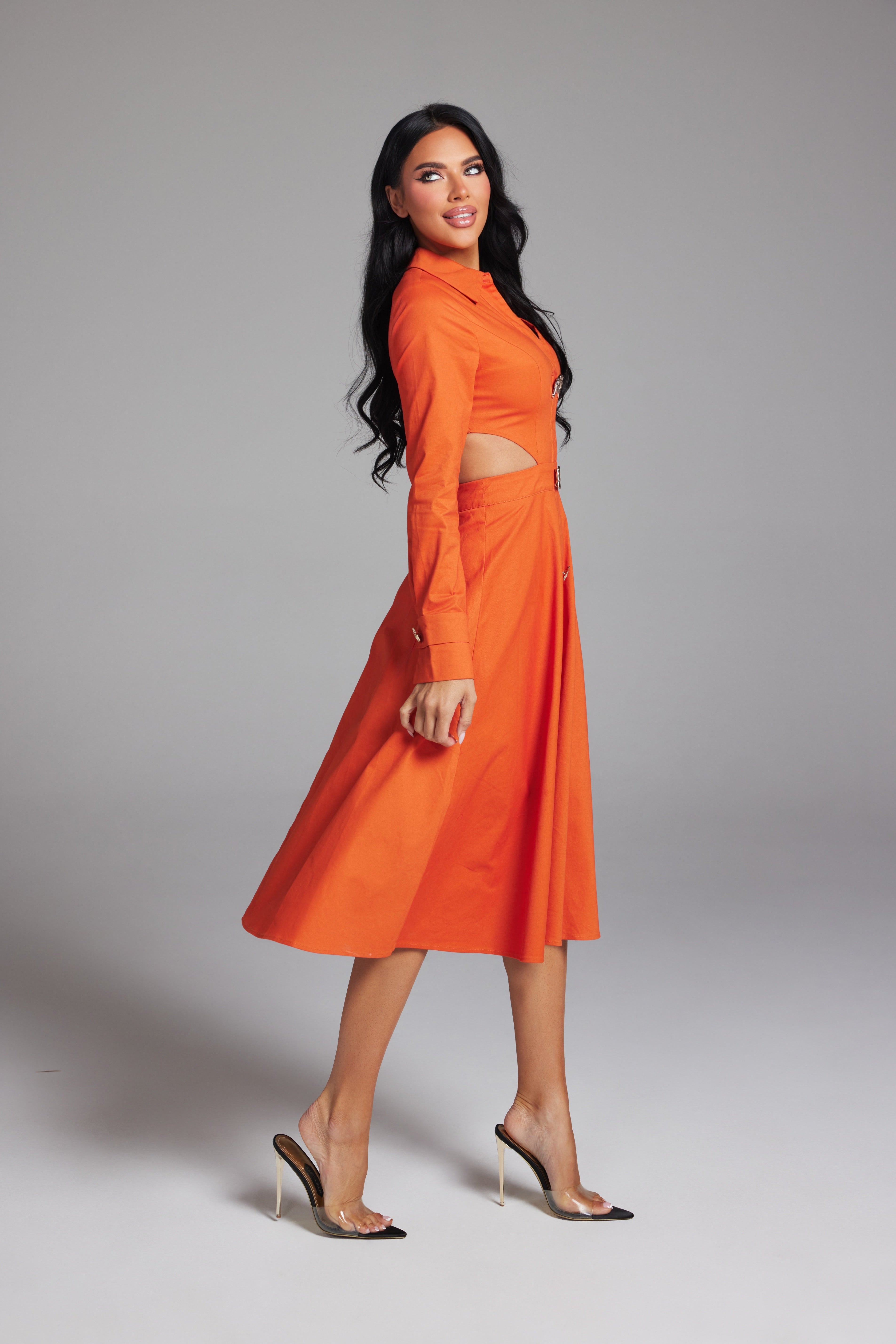 Long Sleeve Side Cut-Out Button-Down Midi Shirt Dress