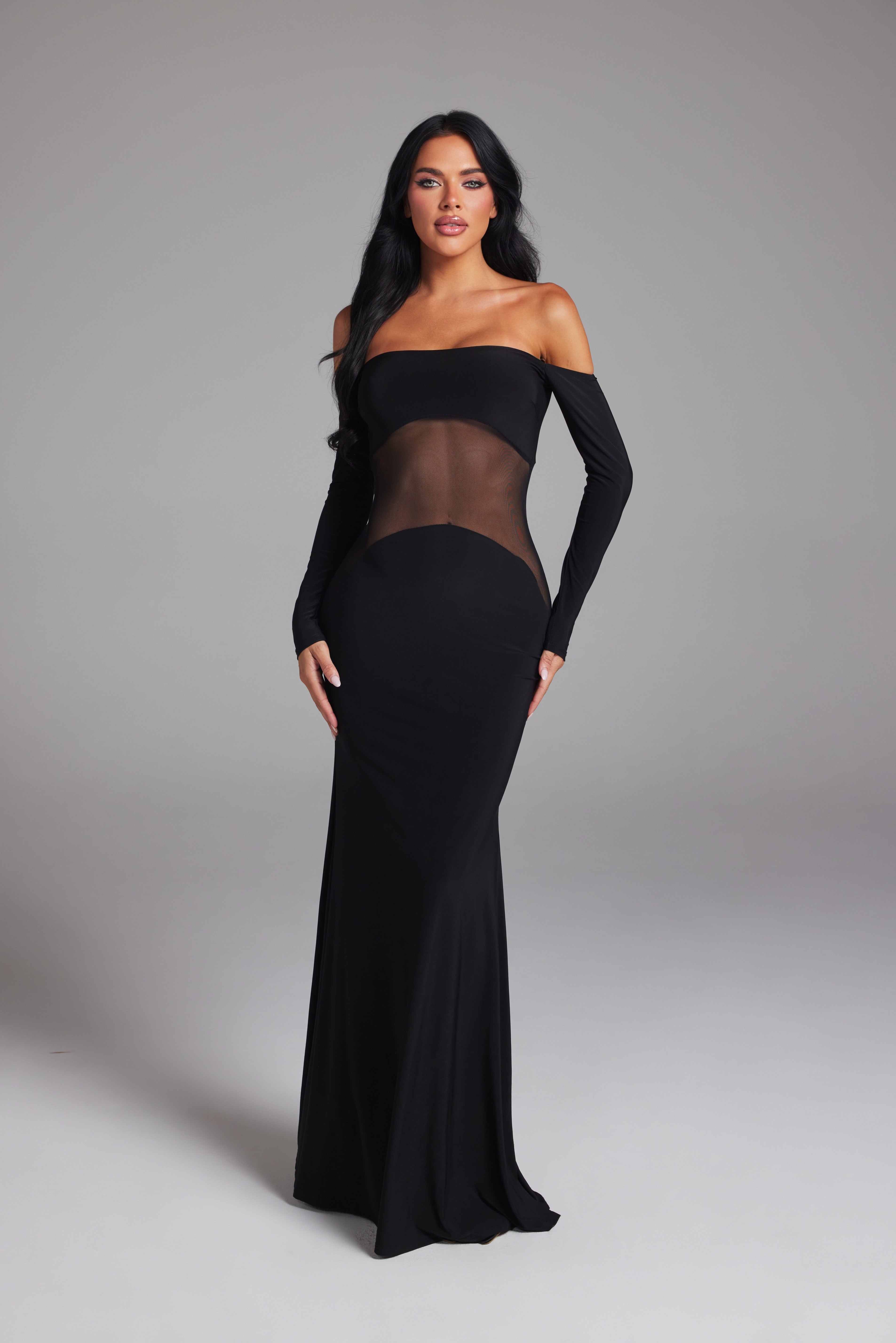 Off-The-Shoulder Mesh Cut-Out Long Sleeve Maxi Gown