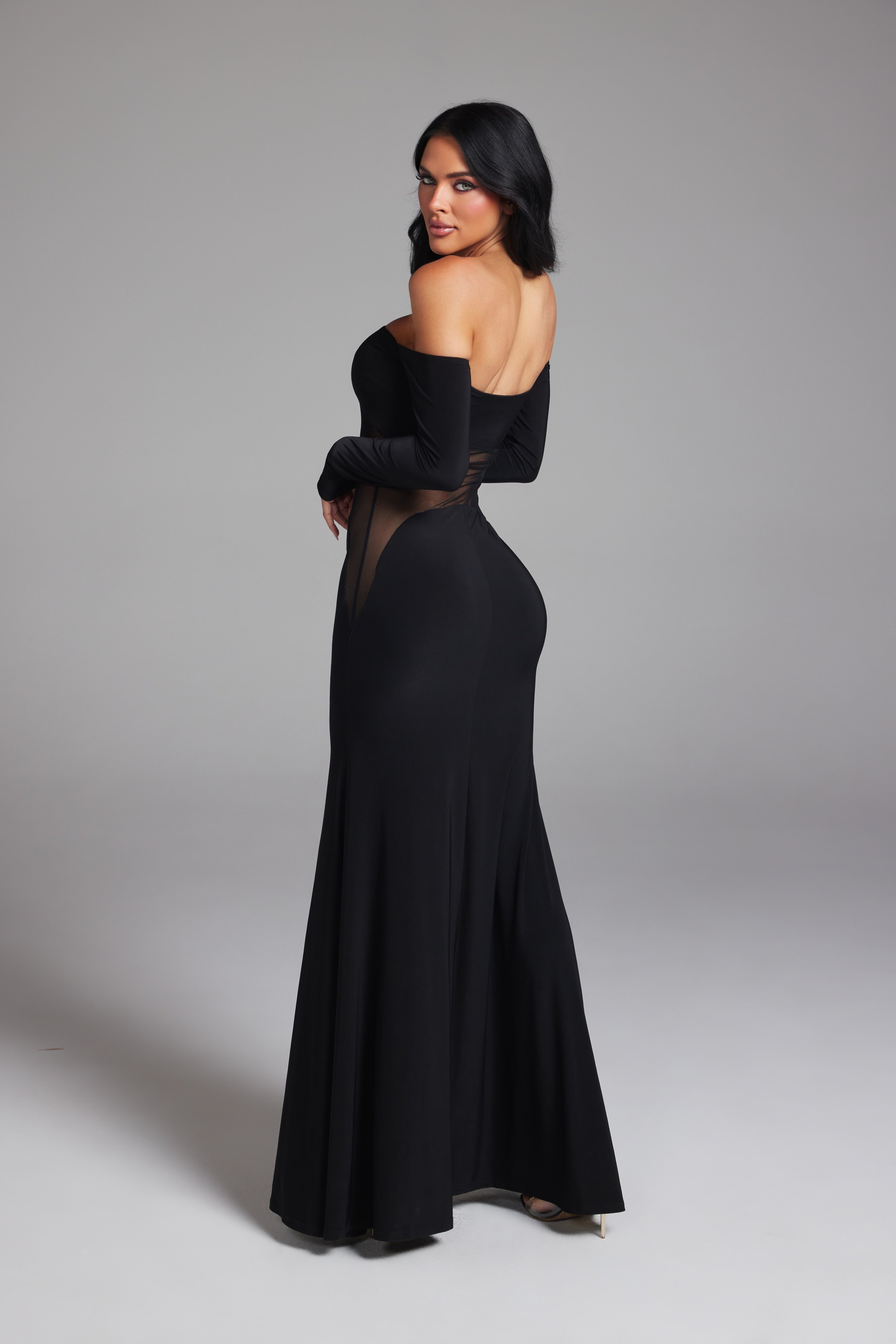 Off-The-Shoulder Mesh Cut-Out Long Sleeve Maxi Gown