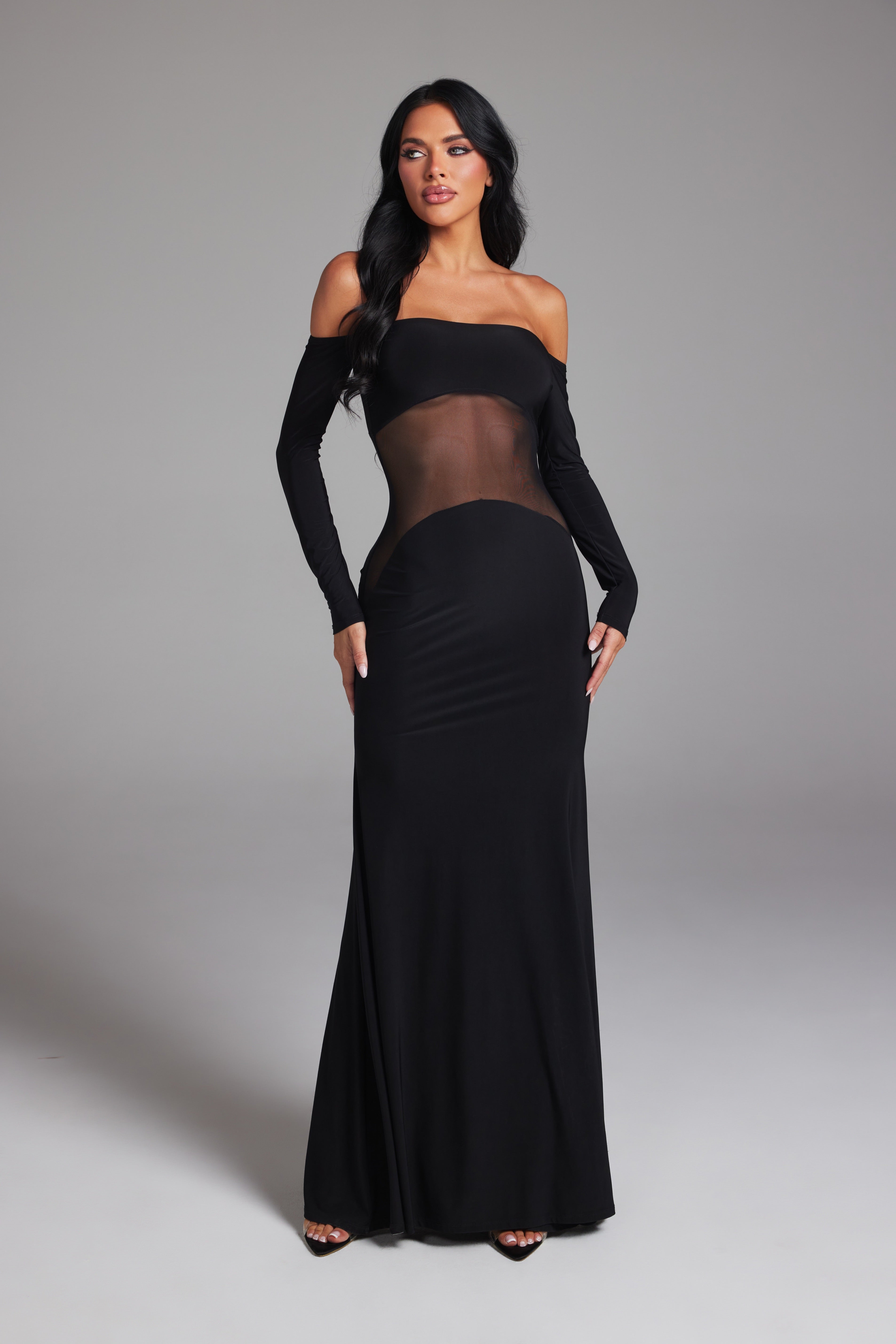 Off-The-Shoulder Mesh Cut-Out Long Sleeve Maxi Gown