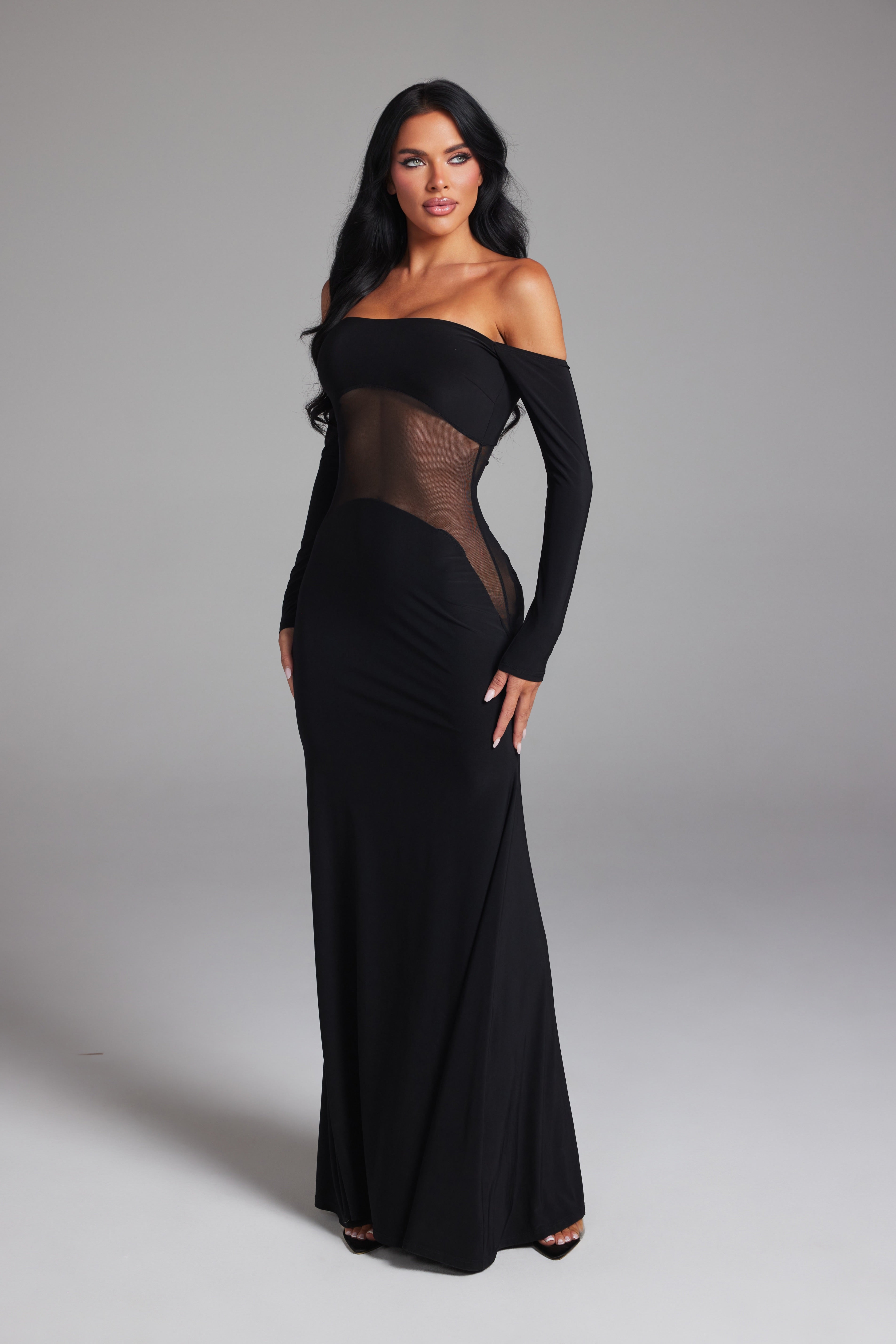 Off-The-Shoulder Mesh Cut-Out Long Sleeve Maxi Gown