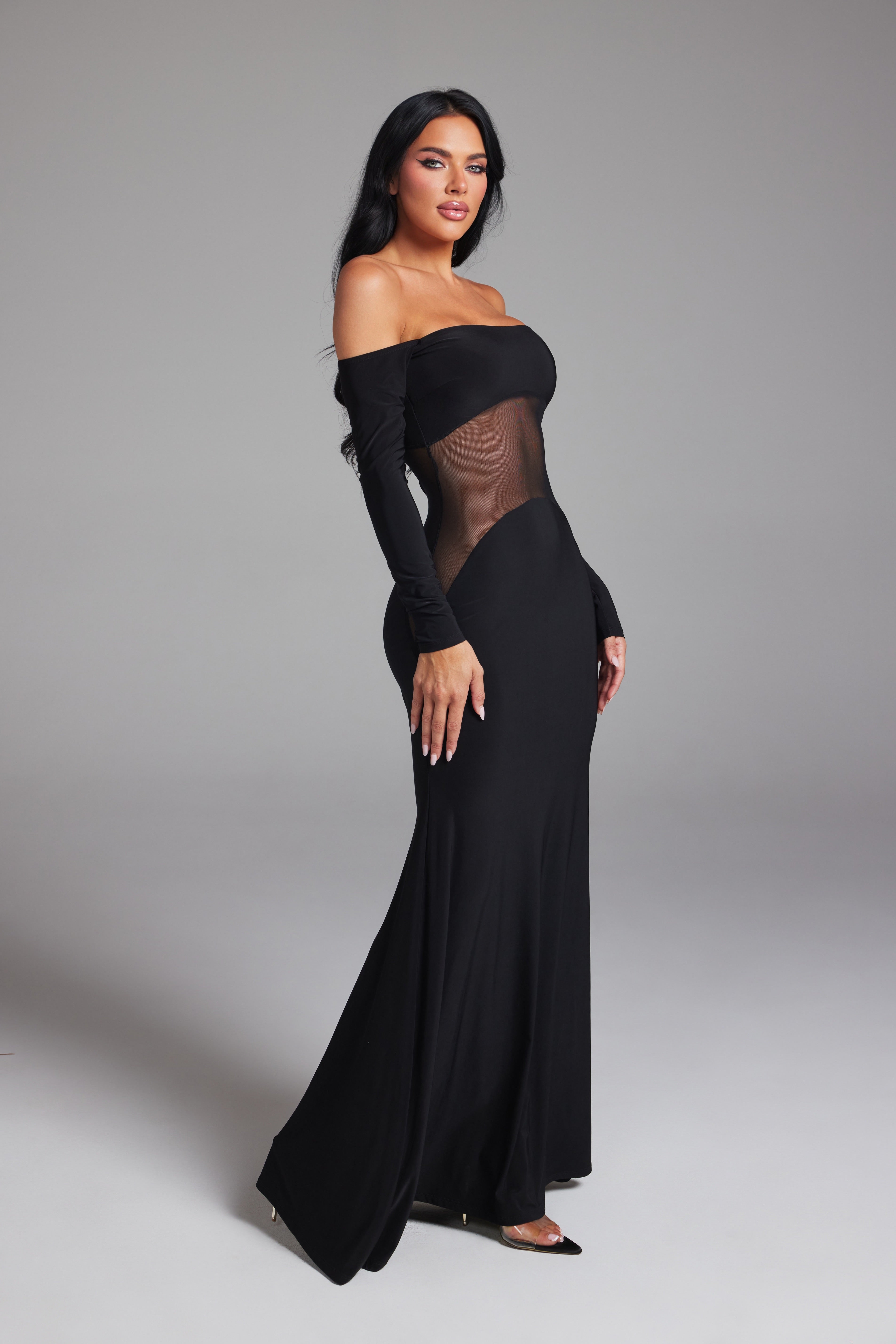Off-The-Shoulder Mesh Cut-Out Long Sleeve Maxi Gown