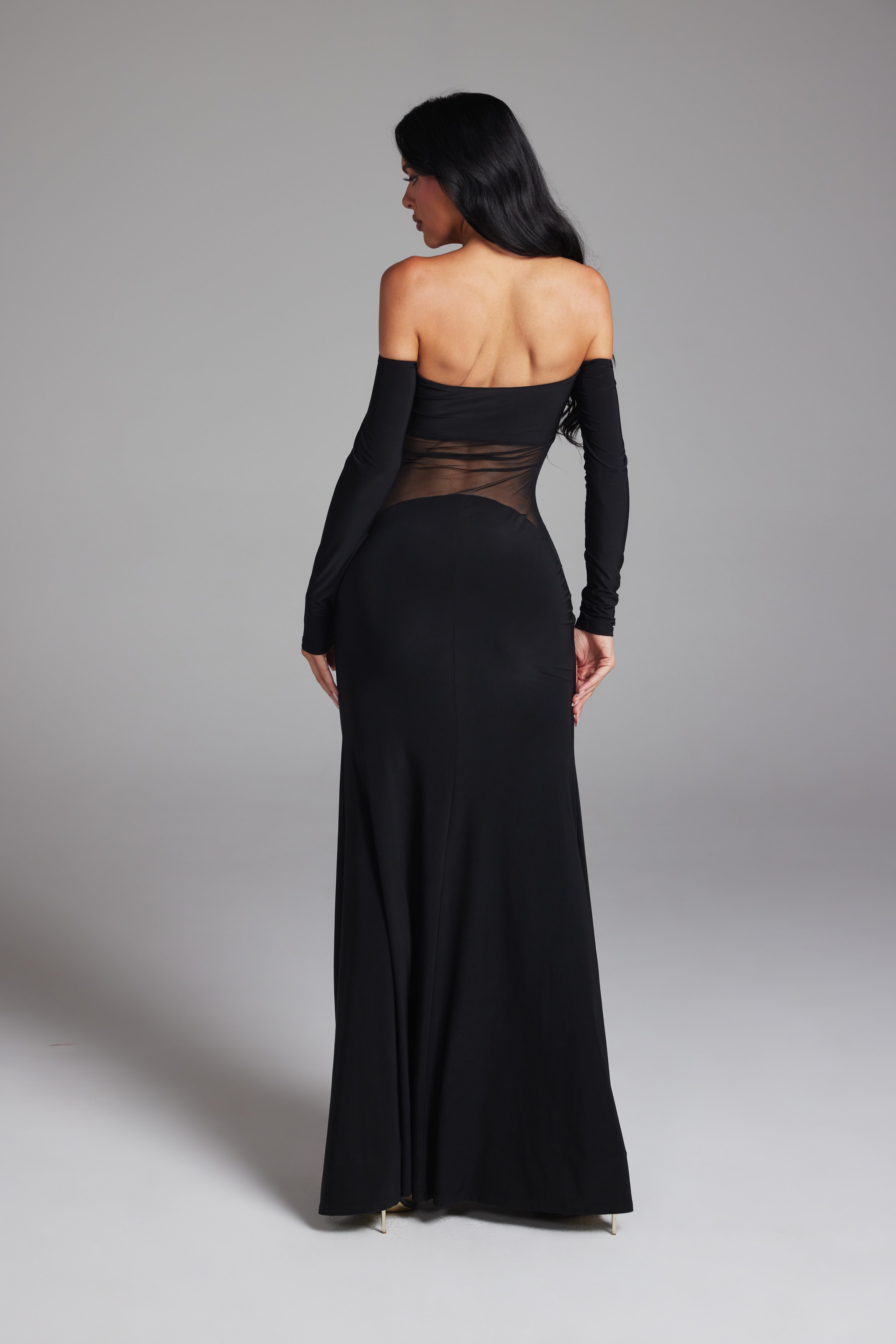 Off-The-Shoulder Mesh Cut-Out Long Sleeve Maxi Gown