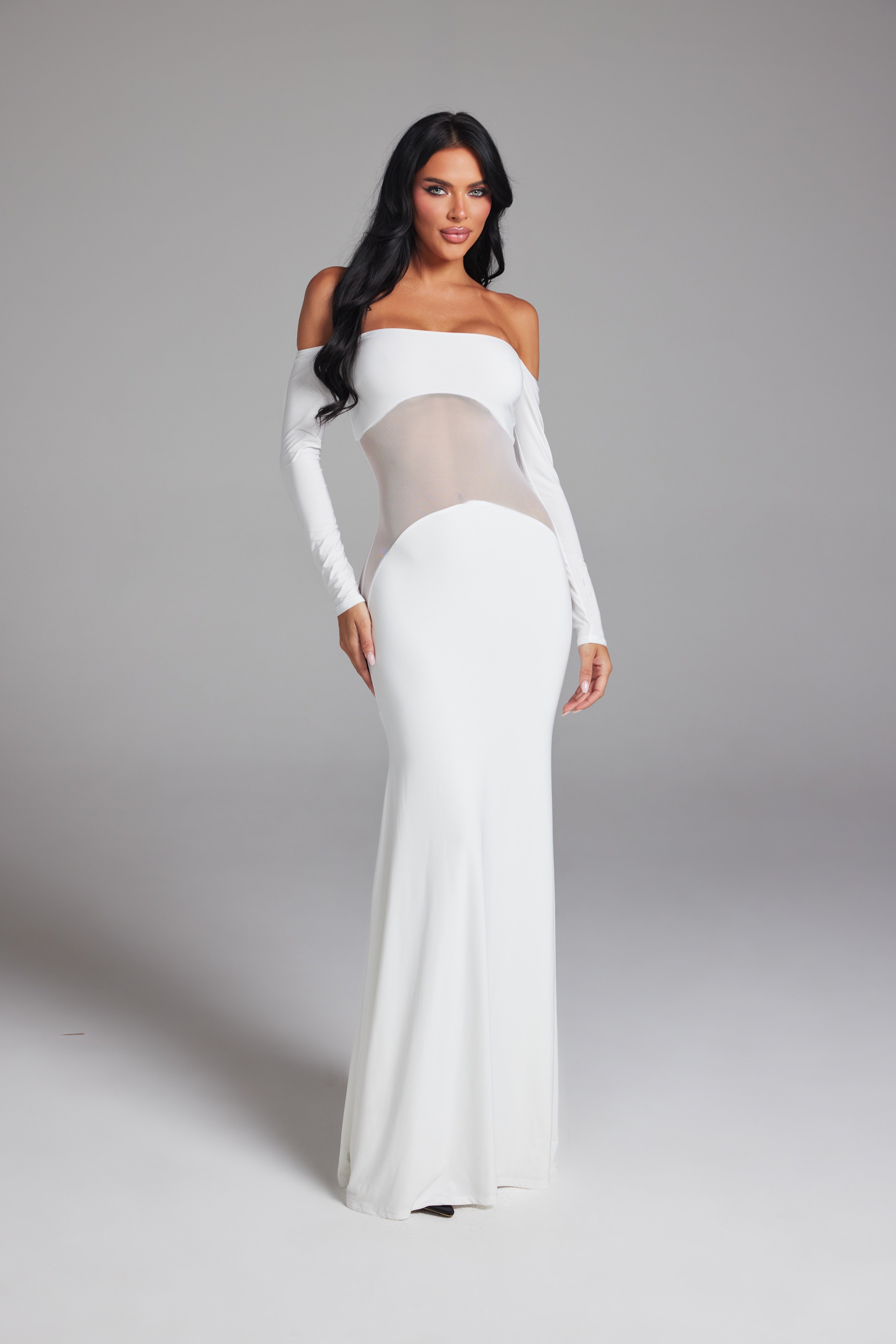 Off-The-Shoulder Mesh Cut-Out Long Sleeve Maxi Gown