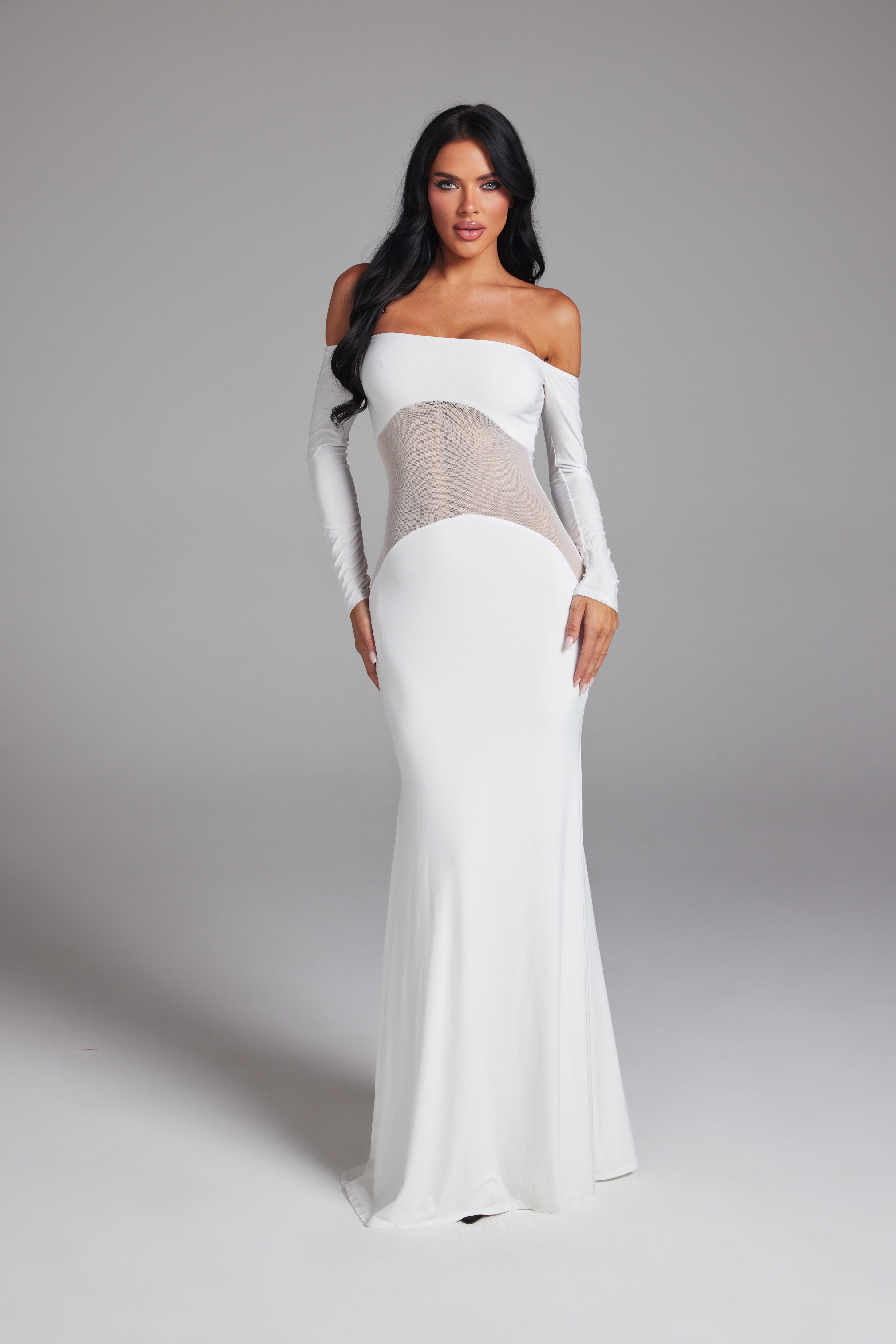 Off-The-Shoulder Mesh Cut-Out Long Sleeve Maxi Gown
