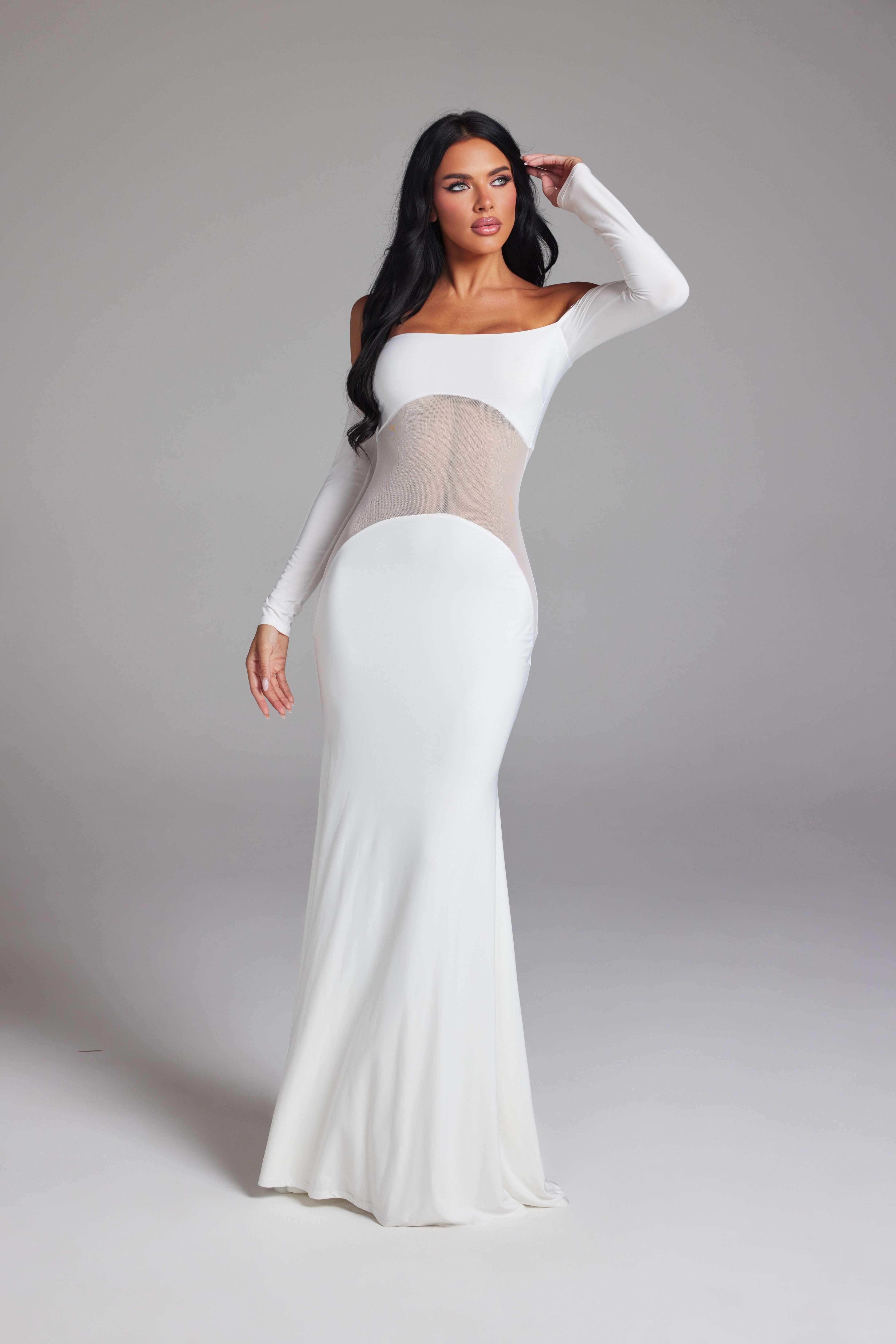 Off-The-Shoulder Mesh Cut-Out Long Sleeve Maxi Gown