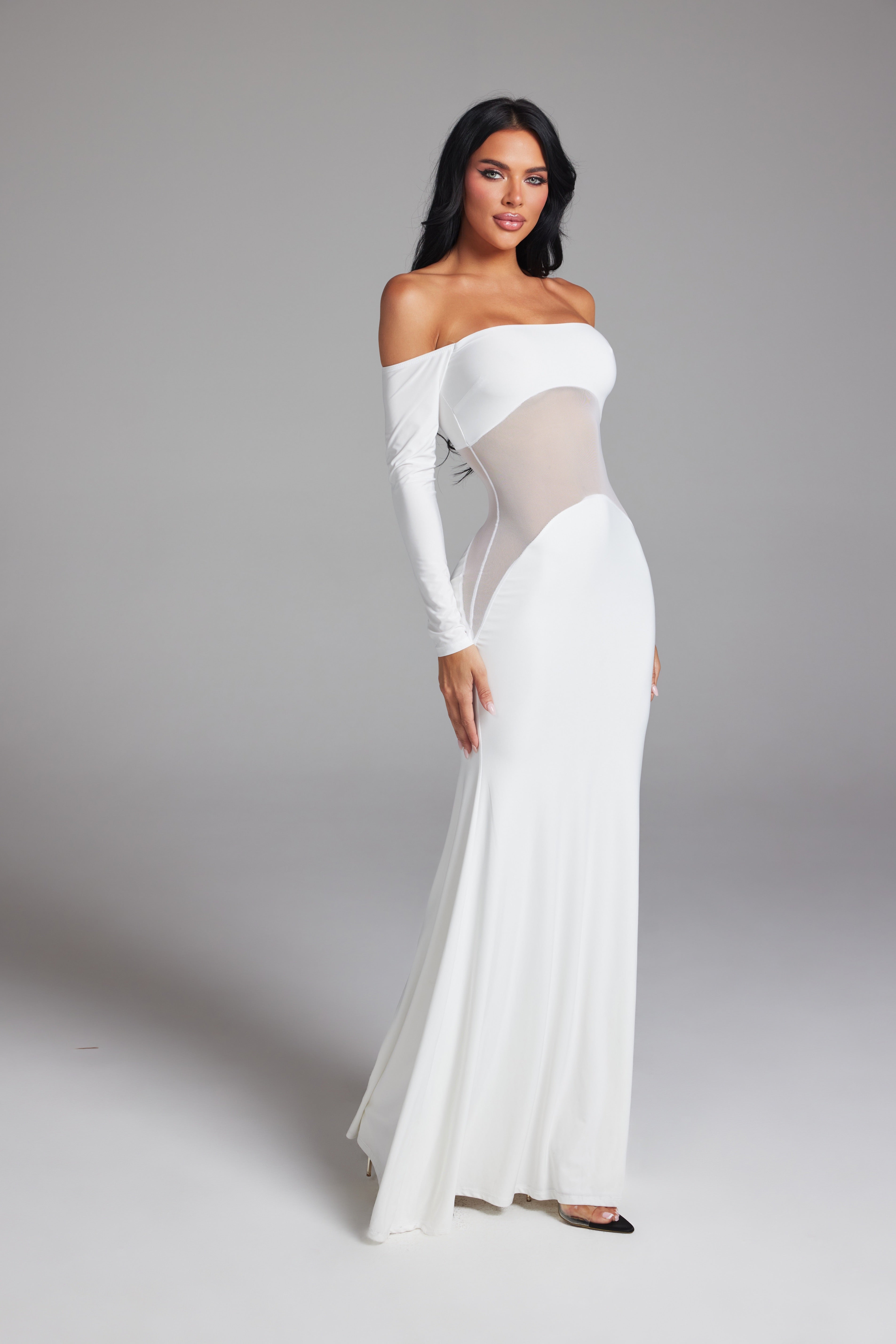 Off-The-Shoulder Mesh Cut-Out Long Sleeve Maxi Gown