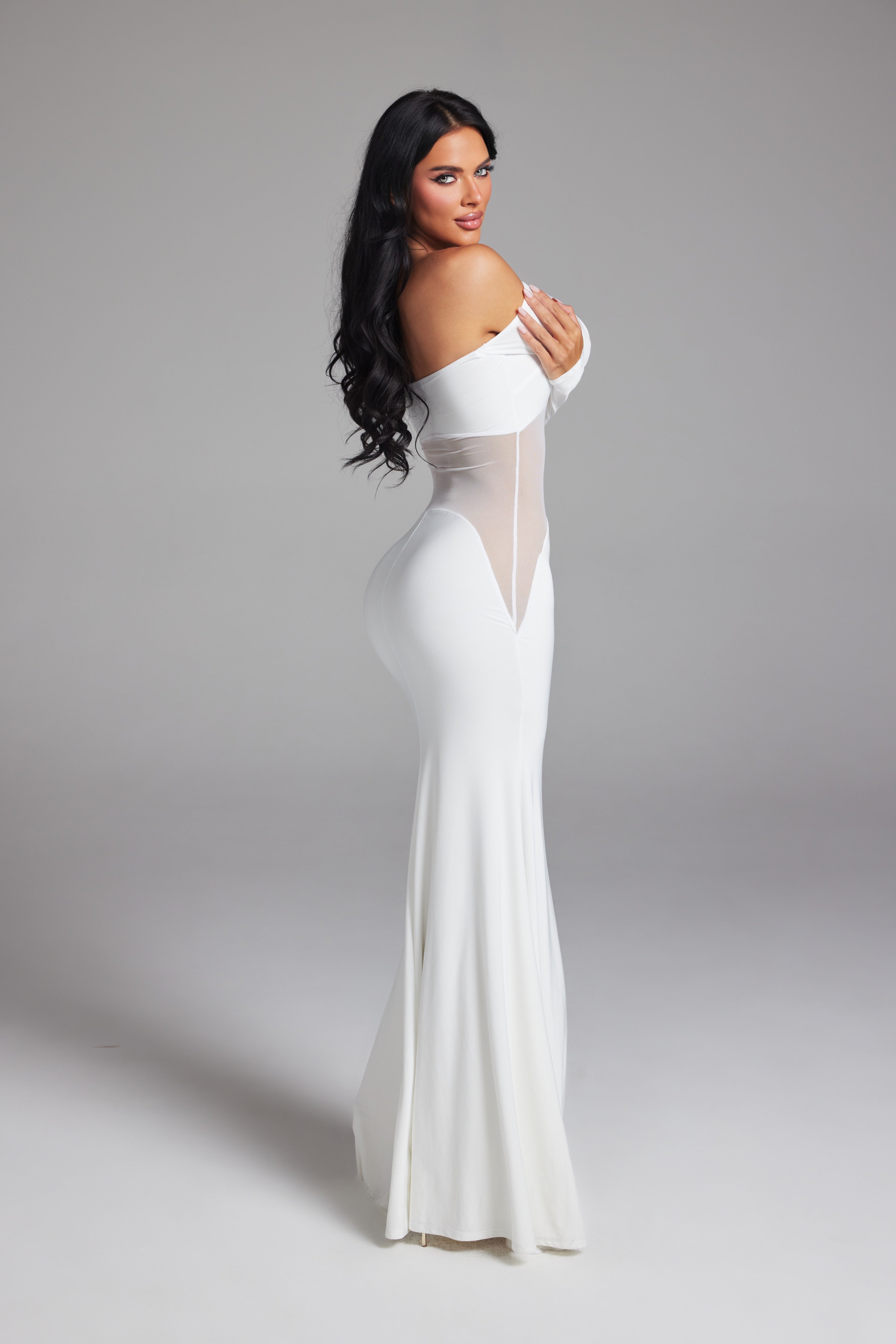 Off-The-Shoulder Mesh Cut-Out Long Sleeve Maxi Gown