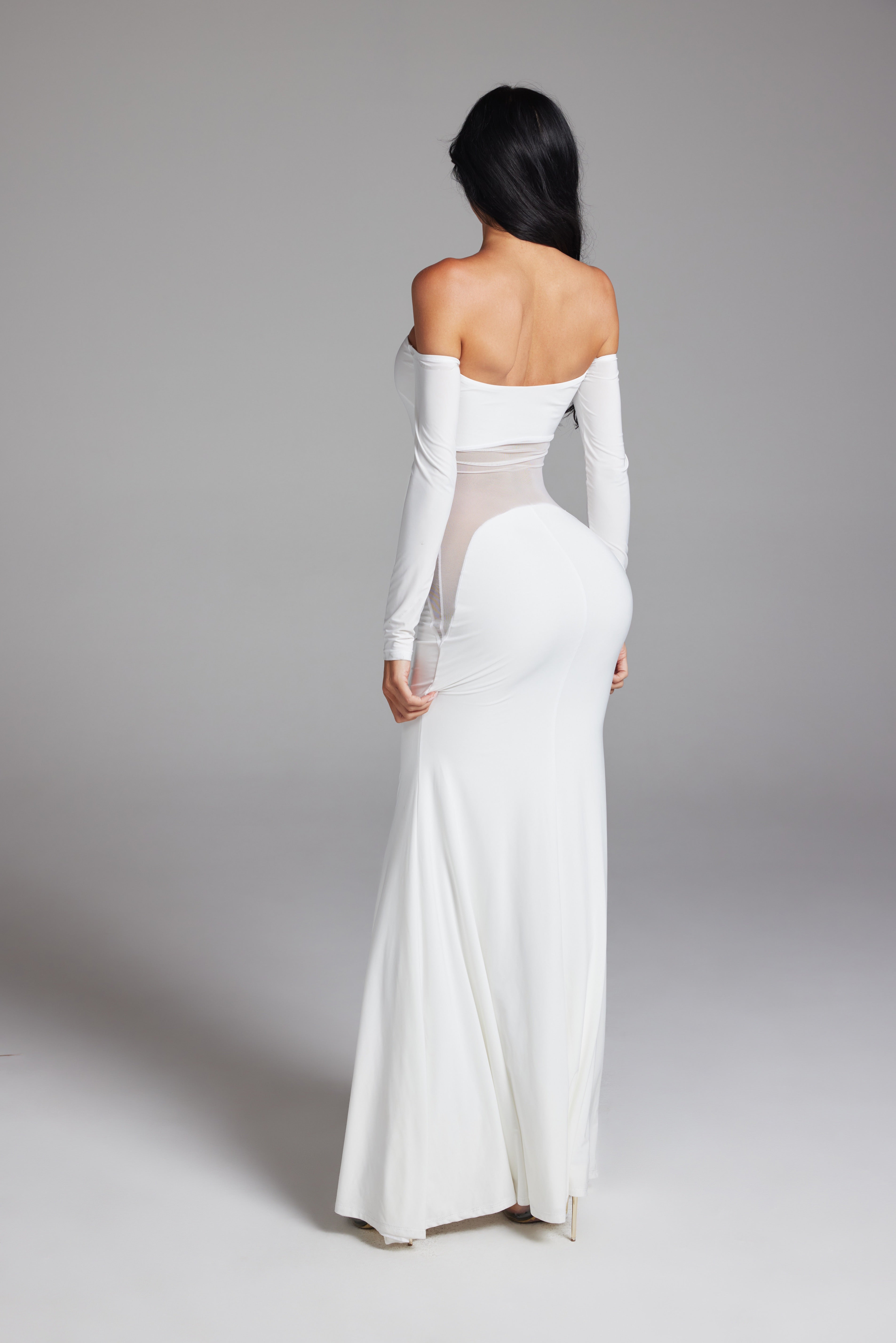 Off-The-Shoulder Mesh Cut-Out Long Sleeve Maxi Gown