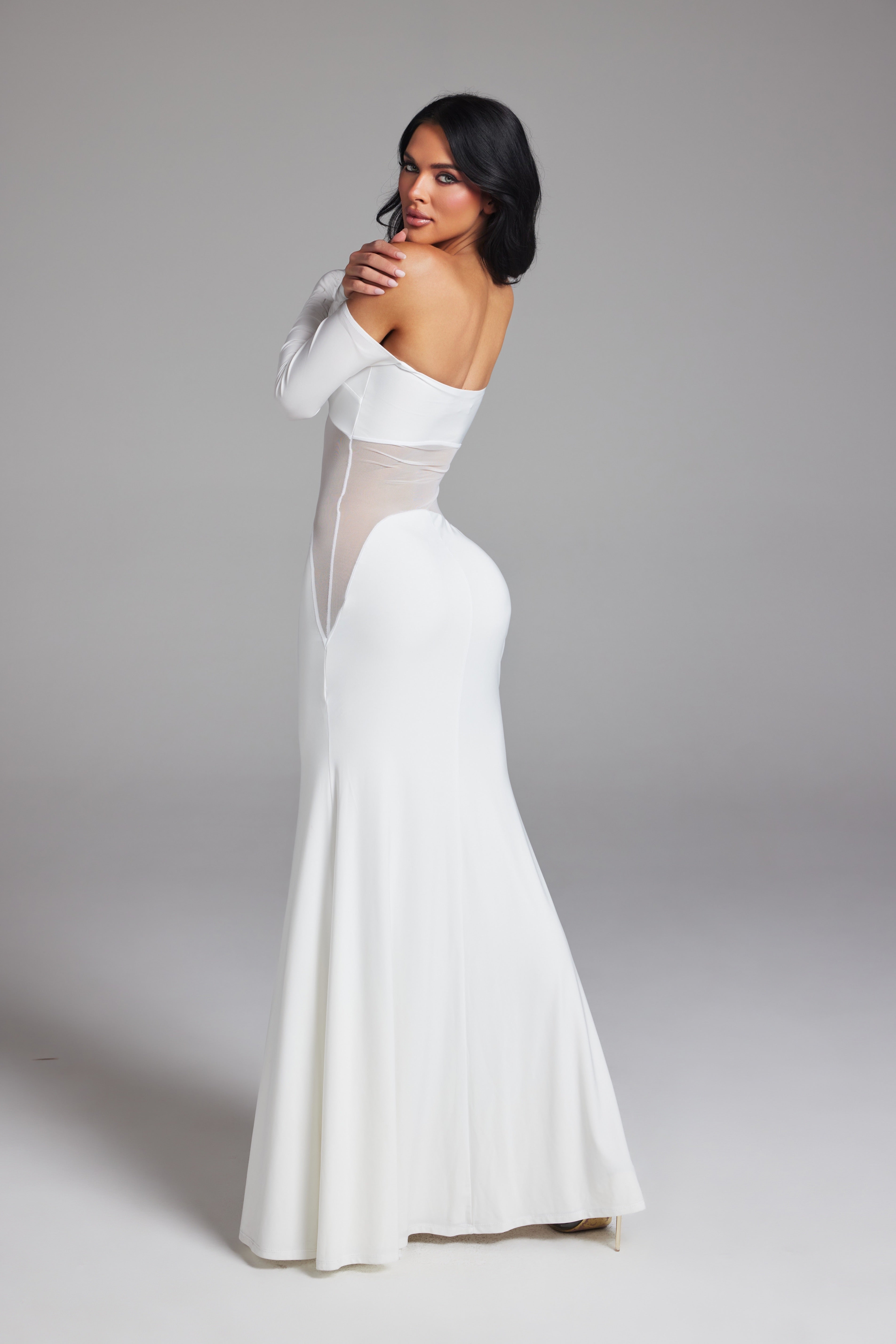 Off-The-Shoulder Mesh Cut-Out Long Sleeve Maxi Gown