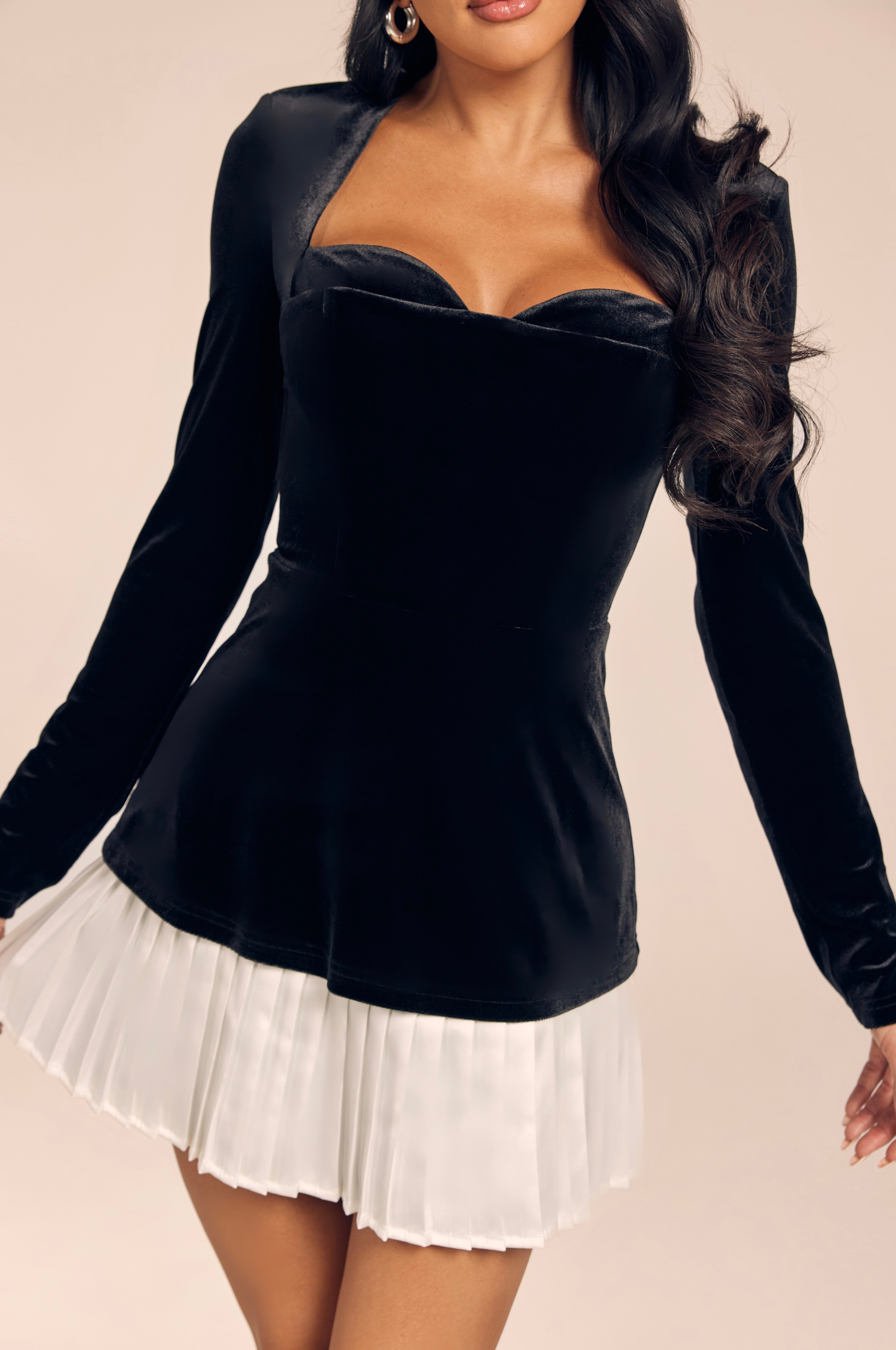 Sweetheart Neck Velvet Mini Dress with White Pleated Trim
