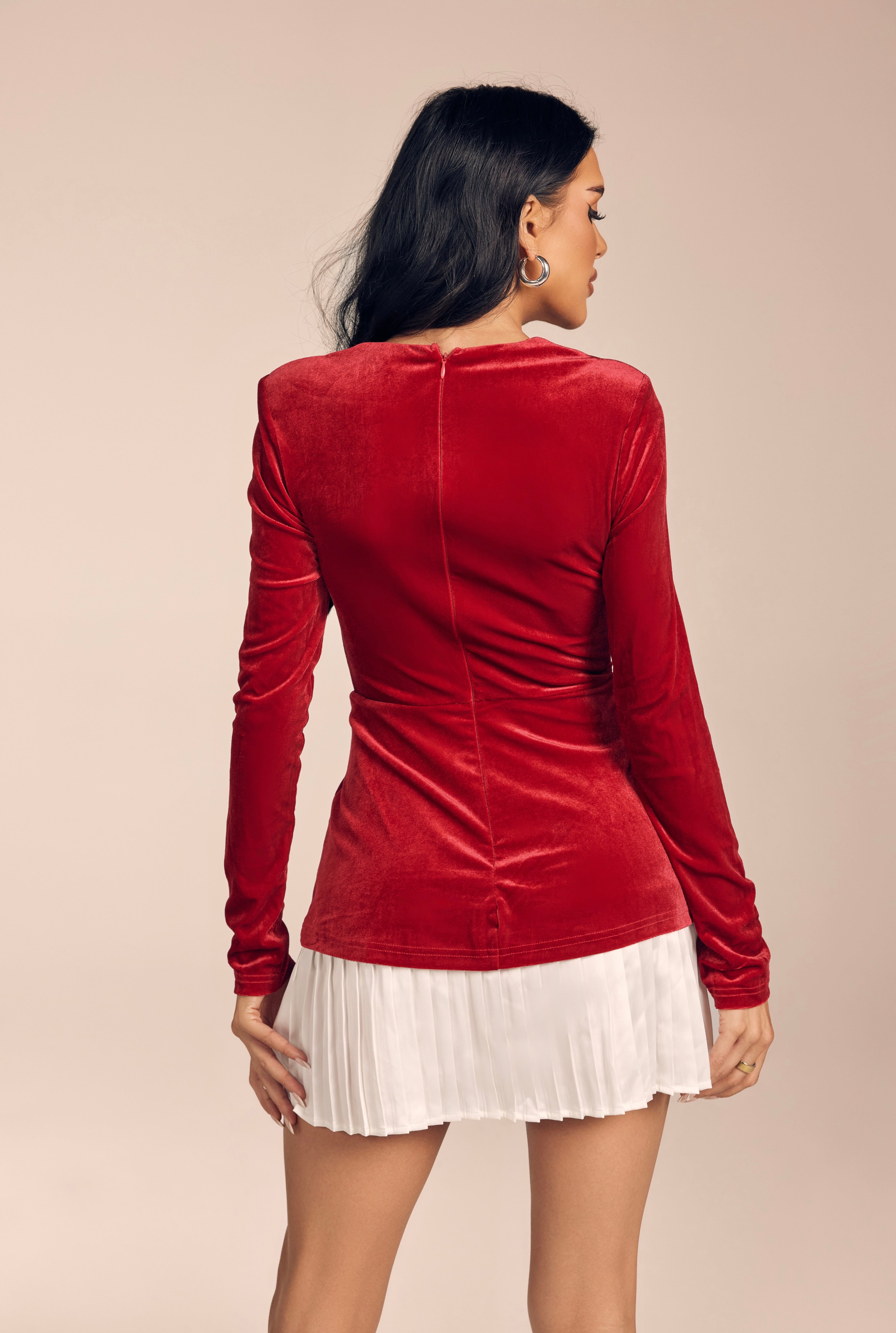 Sweetheart Neck Velvet Mini Dress with White Pleated Trim