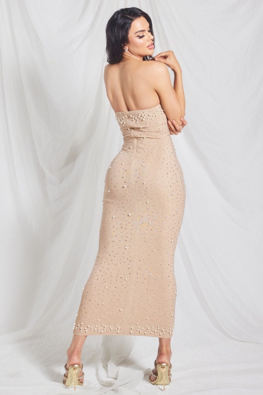 Sleeveless Rhinestone Pearl Lurex Midi Dress