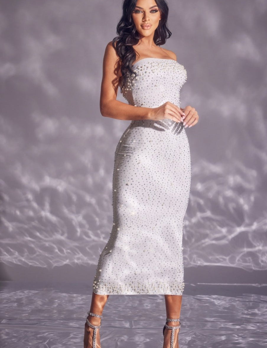 Sleeveless Rhinestone Pearl Lurex Midi Dress