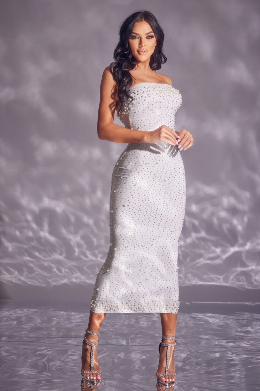 Sleeveless Rhinestone Pearl Lurex Midi Dress