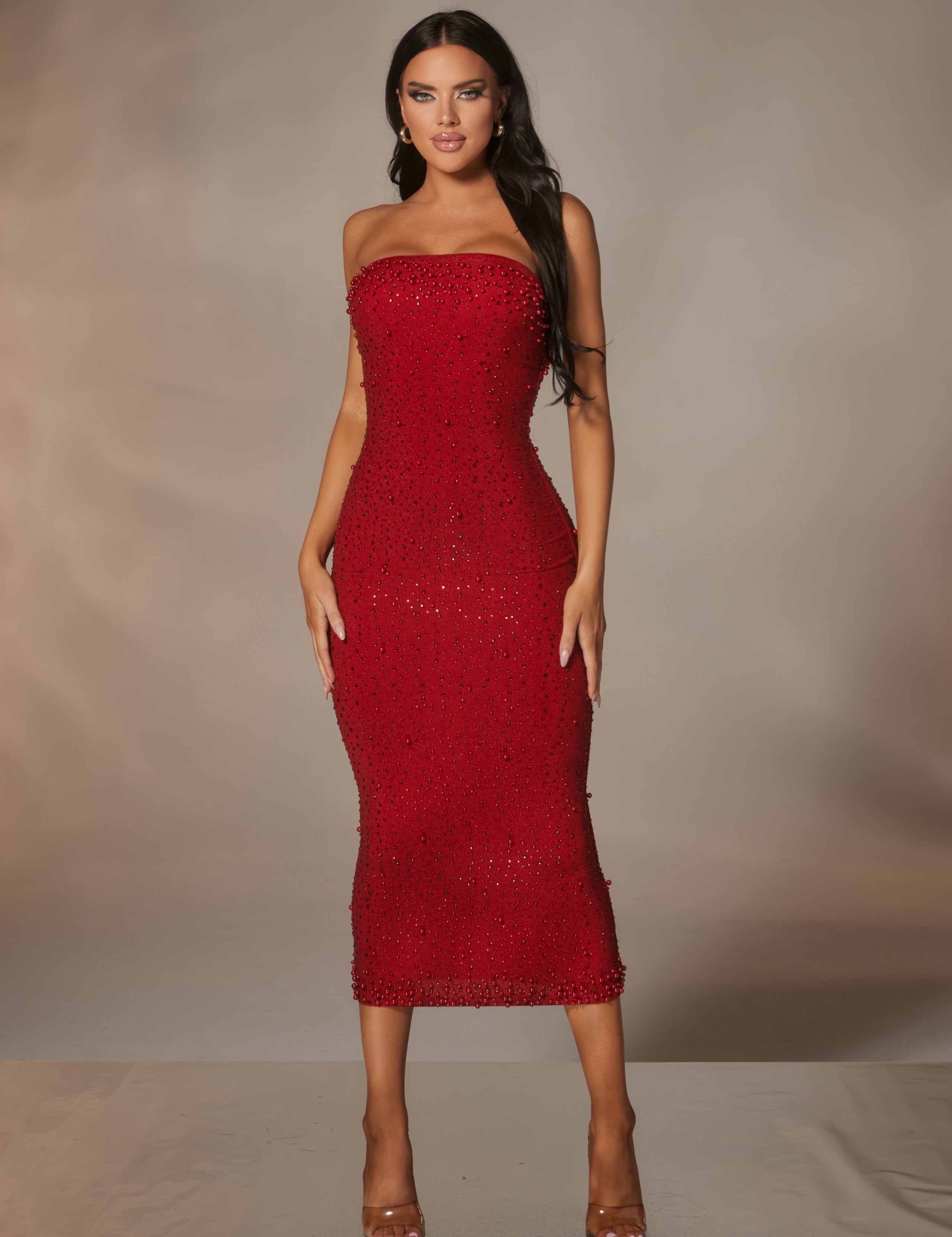 Rhinestone Pearl Lurex Midi Dress