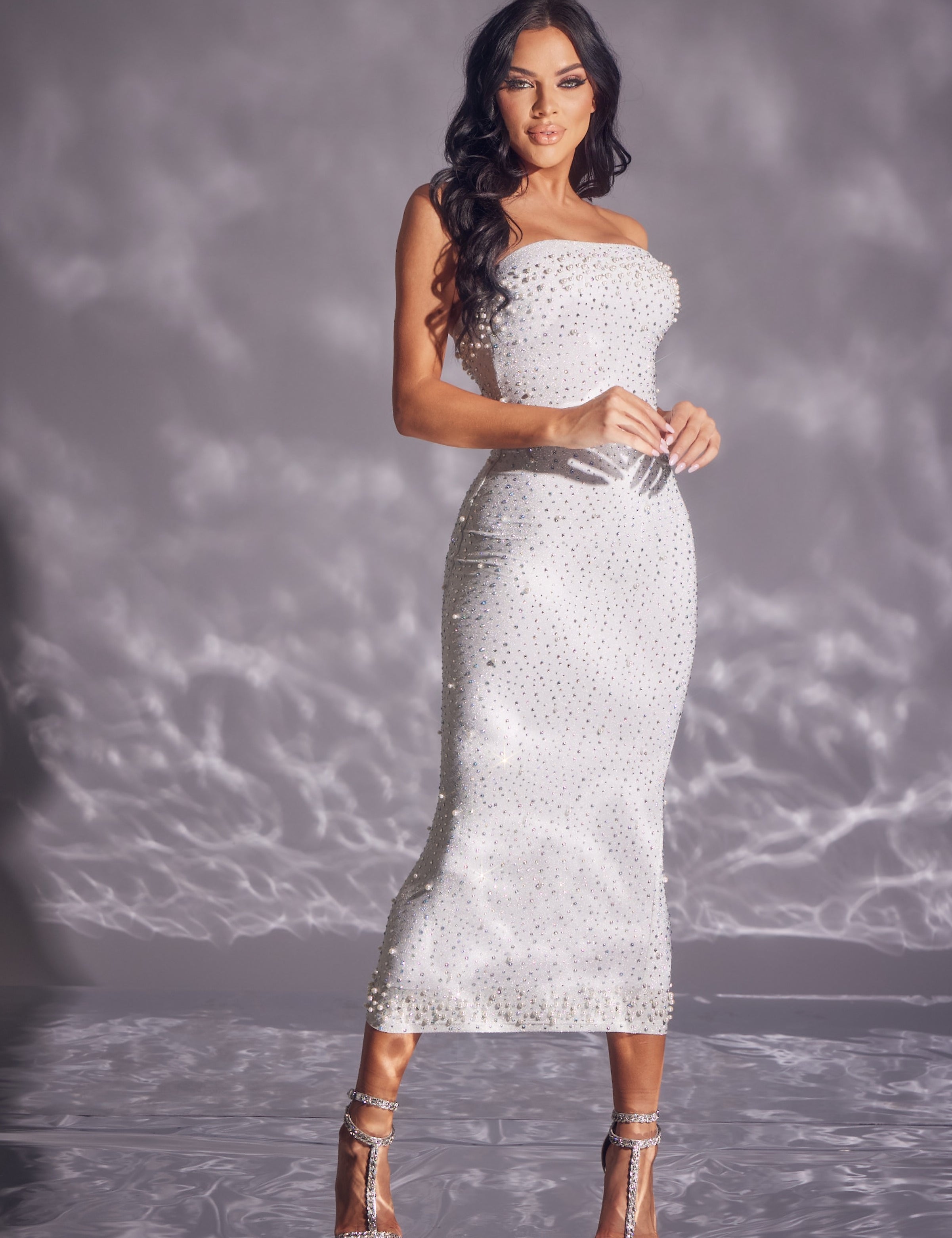 Rhinestone Pearl Lurex Midi Dress