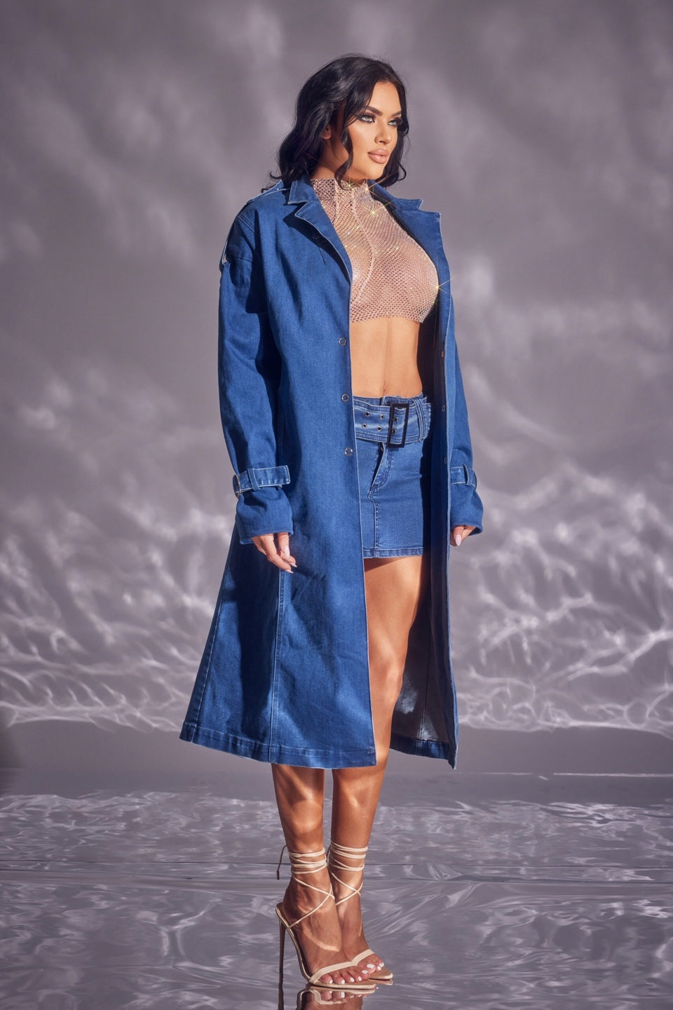 Denim Trench Coat with Detachable Shag Collar