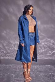 Denim Trench Coat with Detachable Shag Collar