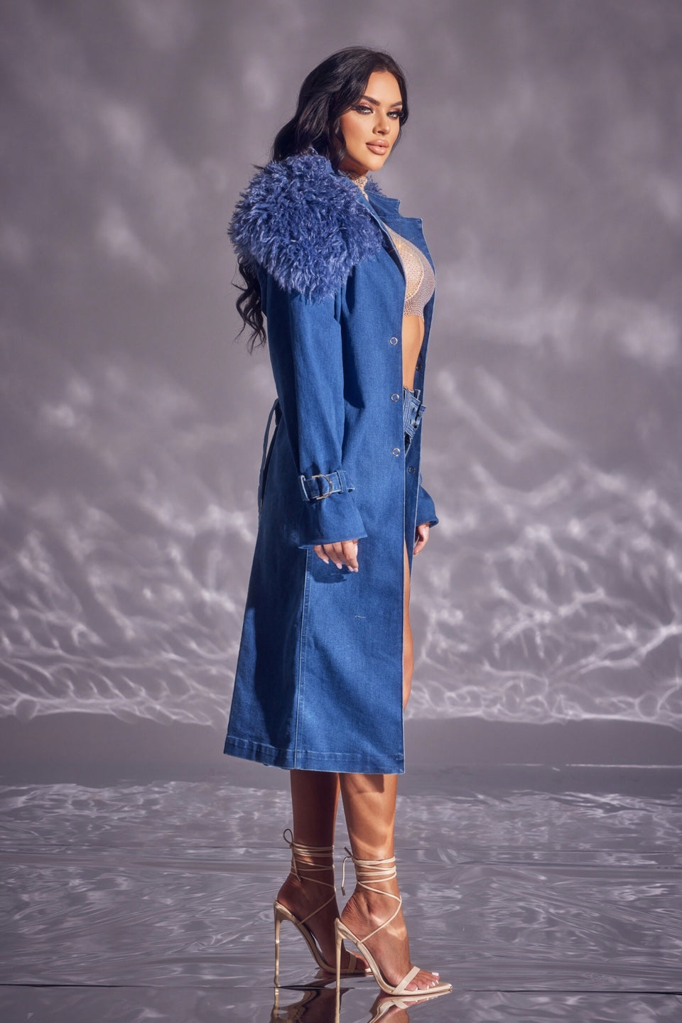 Denim Trench Coat with Detachable Shag Collar